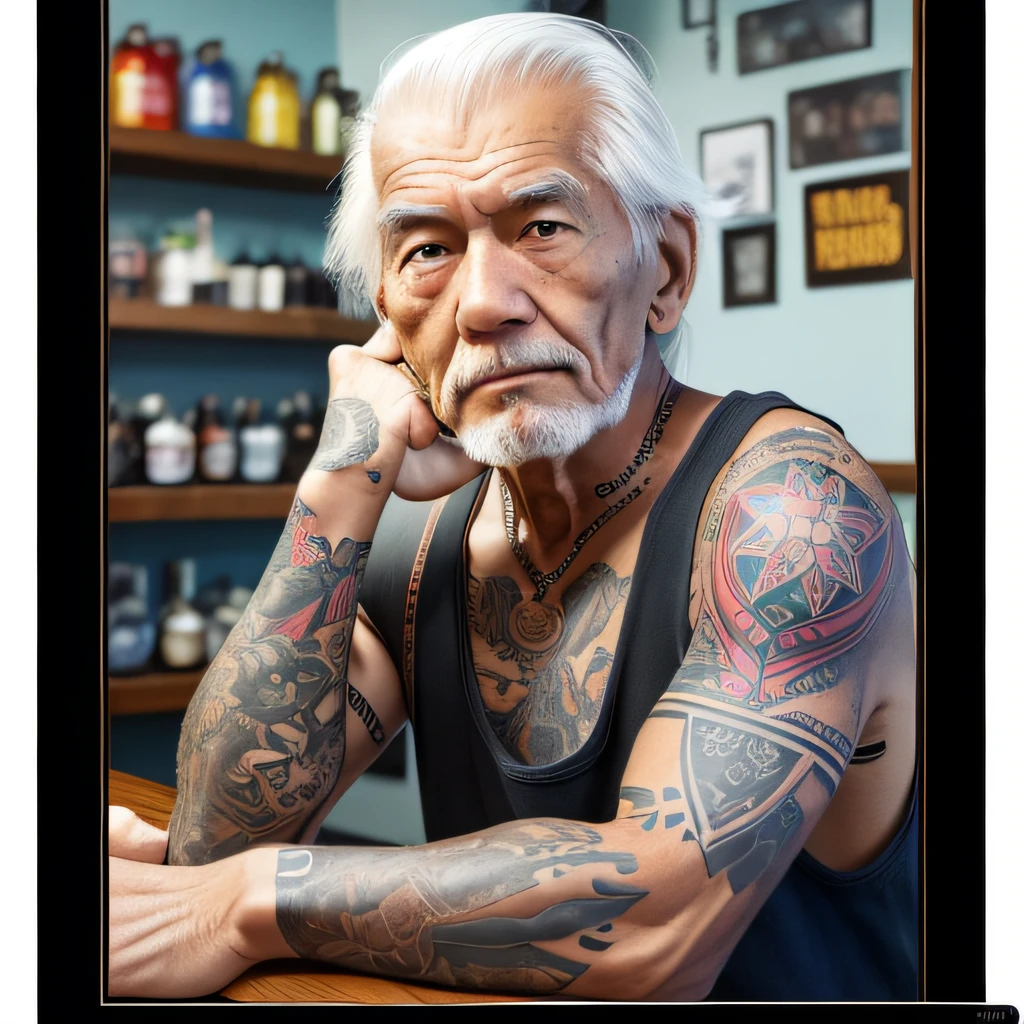 (Best quality: 1.0), (Ultra high resolution: 1.0), Elderly, middle-aged, elderly with tattoos, tattoo parlor, found casual, --auto --s2