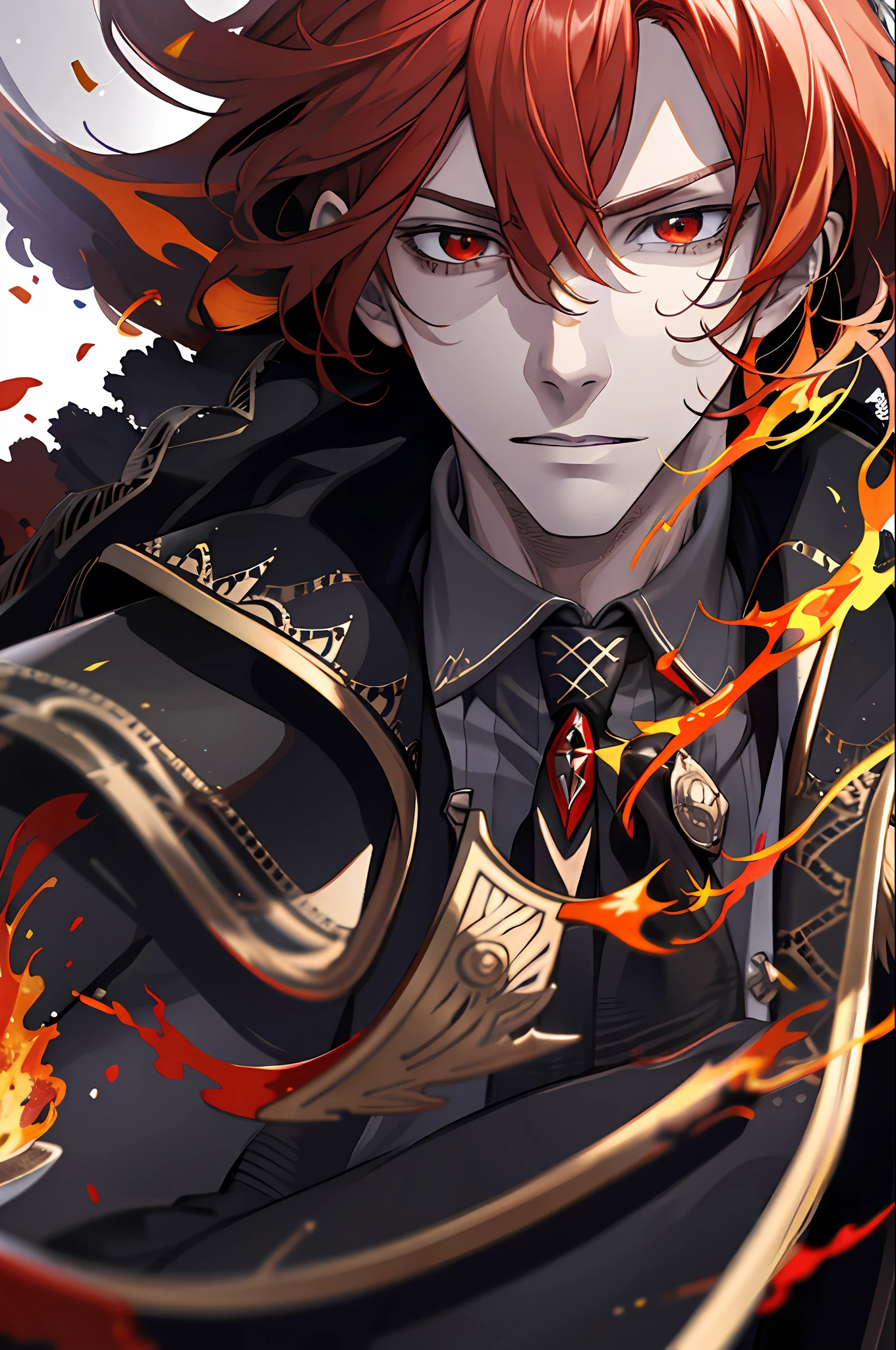 (absurdres, highres, ultra detailed), 1 male solo,  mature, handsome, tall muscular guy, broad shoulders, red hair, red eyes, finely detailed eyes and detailed face, extremely detailed CG unity 8k wallpaper, intricate details, (style-swirlmagic:0.8),   portrait,  looking at viewer, solo, (full body:0.6), dynamic pose, detailed background, madness in eyes, red clouds, fireball, warhammer theme, dark clouds, floating pieces of dirt,   decadence, evil energy emanating,  dark aura, broken shackles, cowboy shot, human
