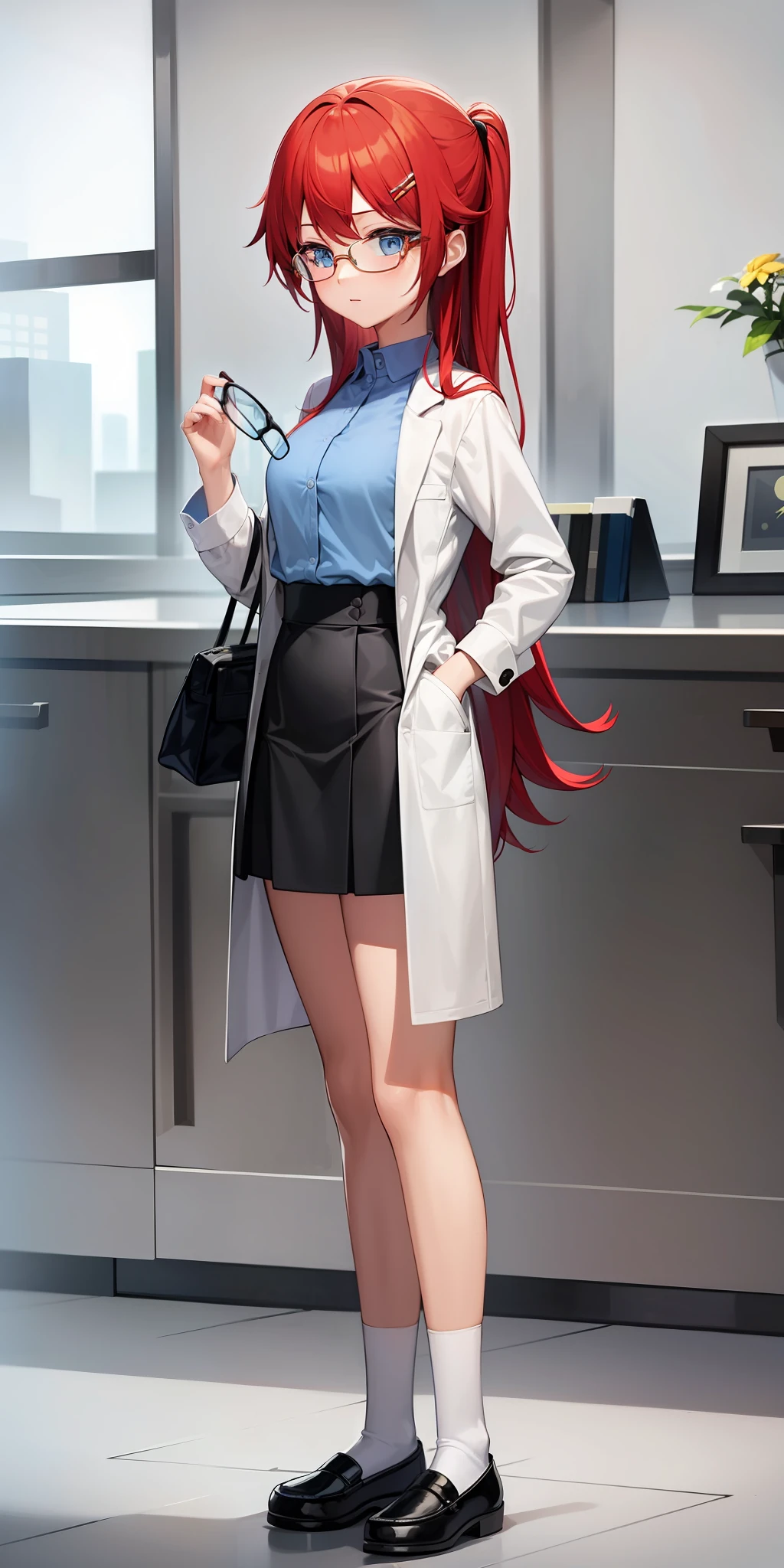 ((masterpiece, best quality)),(complex lighting), solo, full body, 1girl, Susan test, labcoat, blue eyes, glasses, red hair, long hair,pastel blue shirt, yellow star-shaped hair clip,white socks, black skirt, Mary Jane shoes, square glasses