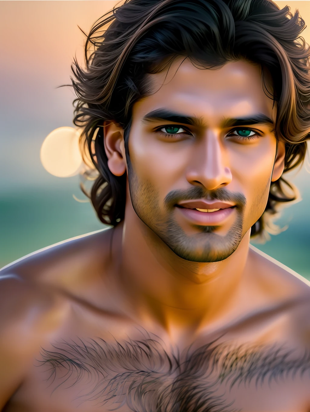 Cinematic soft lighting illuminates a stunningly detailed and ultra-realistic handsome Indian male supermodel, beach look, ultra short messy windy light brown hair, clear green eyes, captivating perfect smile, sensual, hot man, insanely handsome, that is trending on ArtStation. Octane is the perfect tool to capture the softest details of this 16k photography masterpiece.