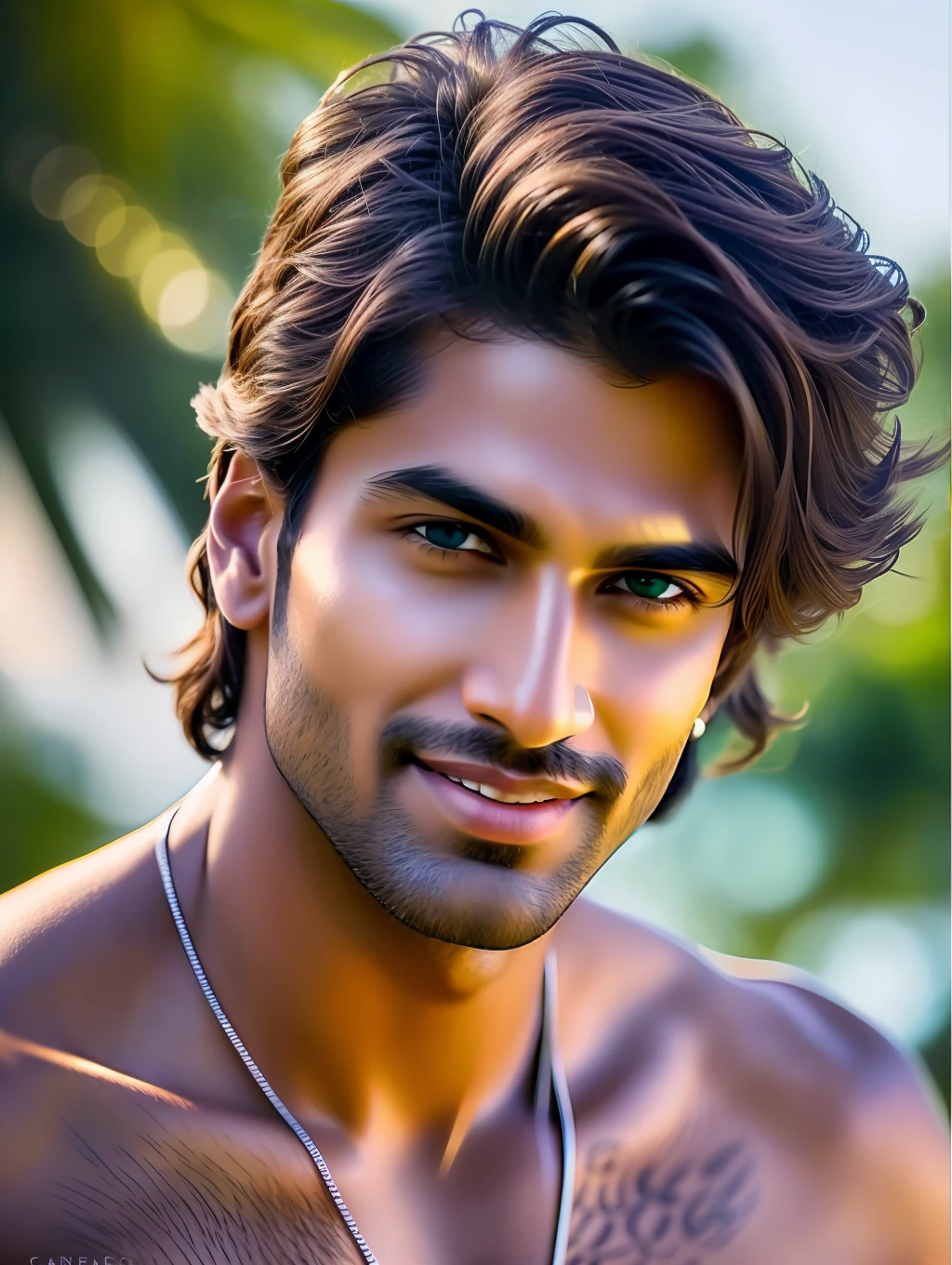 Cinematic soft lighting illuminates a stunningly detailed and ultra-realistic handsome Indian male supermodel, beach look, ultra short messy windy light brown hair, clear green eyes, captivating perfect smile, sensual, hot man, insanely handsome, that is trending on ArtStation. Octane is the perfect tool to capture the softest details of this 16k photography masterpiece.