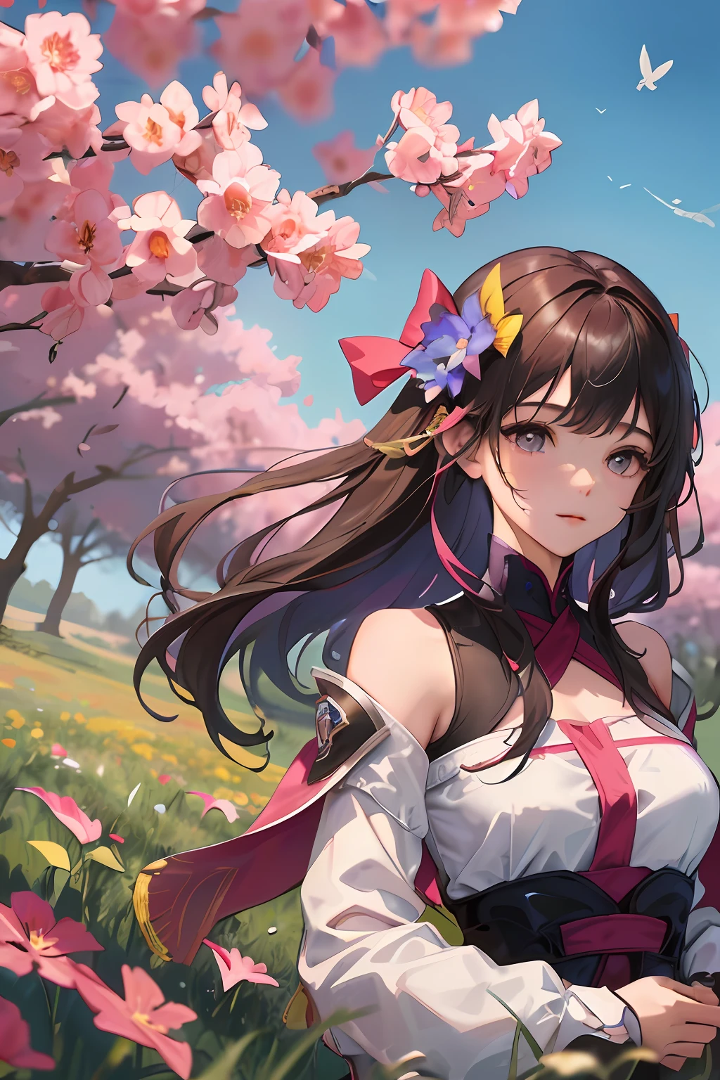 High Detail, Ultra Detail, Ultra High Resolution A cute and innocent girl is enjoying her time in an open field, surrounded by the beauty of nature, with the warm sun shining on her and wild flowers swaying gently in the breeze. Butterflies and birds flutter around her, adding to the playful atmosphere, --v6