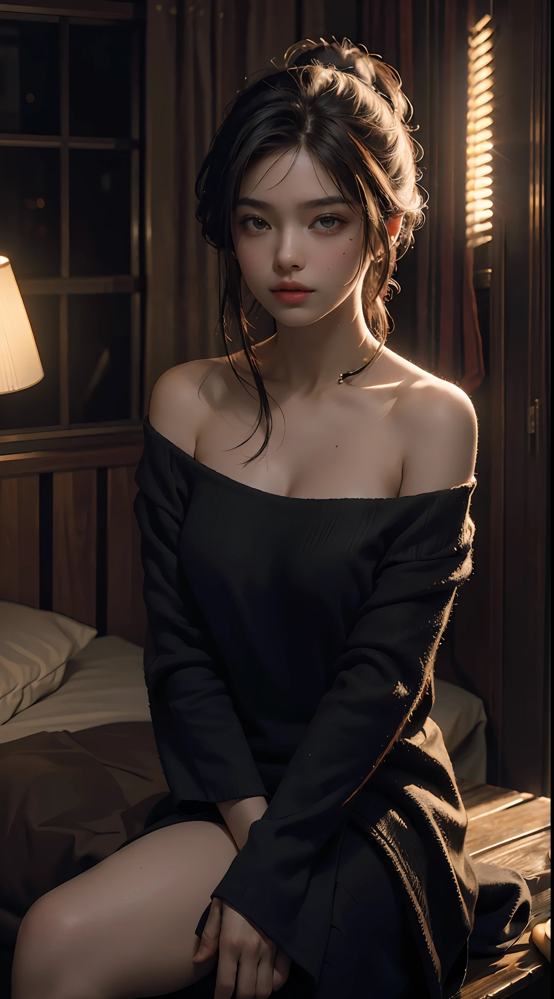 Best quality, masterpiece, ultra high res, (photorealistic:1.4), raw photo, 1girl, off shoulder, cinematic lighting