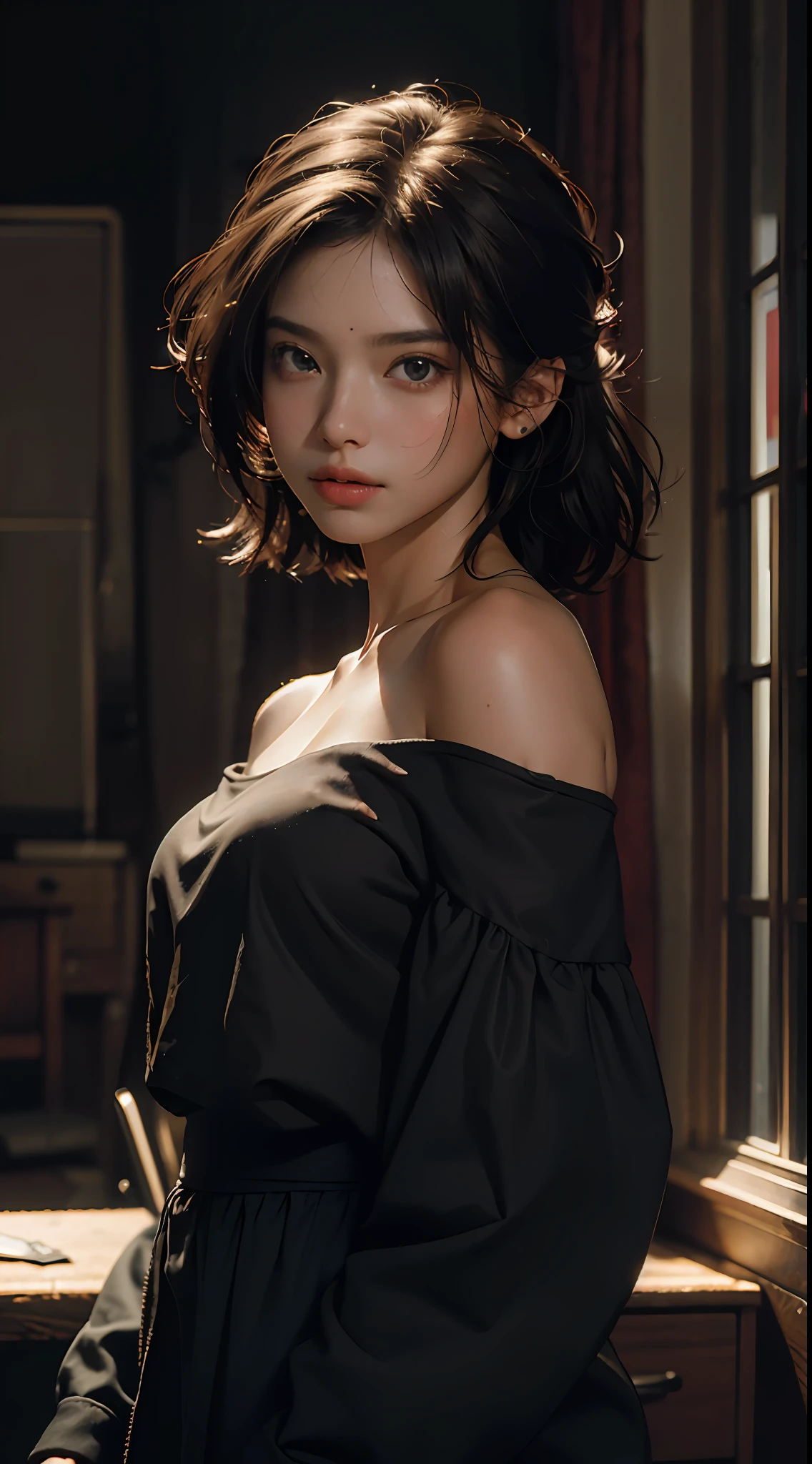 Best quality, masterpiece, ultra high res, (photorealistic:1.4), raw photo, 1girl, off shoulder, cinematic lighting