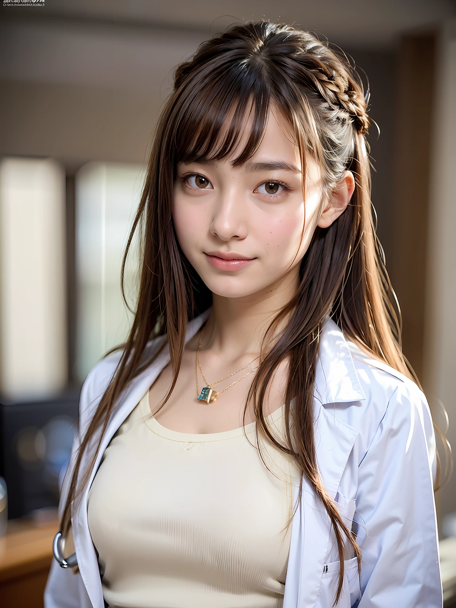 16 year old girl with perfect face and big breasts, thin face, thin eyebrows, right hand and hair, brown hair, middle hair curled hair, slim and slender physique. The skin has detailed and highly detailed eyes (1.1 emphasis), very detailed skin texture (1.1 emphasis), necklace, model photo style, photorealistic, skin texture is real human skin texture, detailed skin pores, complex details, eyes are very detailed, doctor lab coat, white coat, white coat!!!、! Dream lab coat, highly detailed lab coat, from the knee up, attractive sexy little bit, smile, strong smile, cute pose, standing --s2
