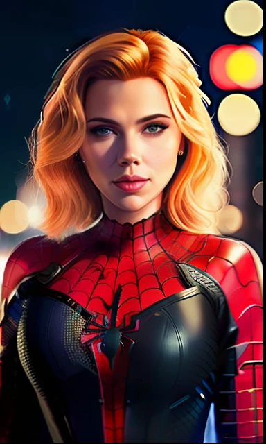 a close-up portrait photo of beautiful Scarlett Johansson in Spider-Man costume, cheeky smile, (jewelry: 1.0), high detail skin, curves, night cyberpunk city in the background, night 8k uhd, DSLR, high quality, Fujifilm XT3 no clothes