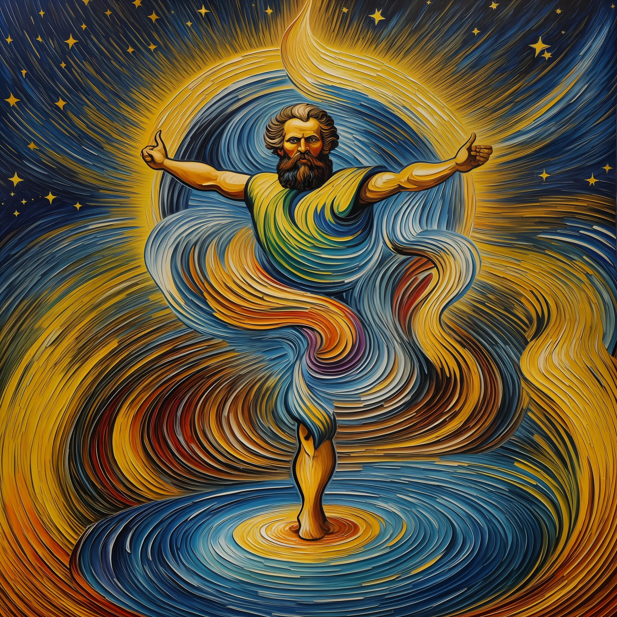 Imagine a Van Gogh-style painting depicting the tarot card "The Fool," embodying the disruptive and unpredictable energy of the planet Uranus. The scene shows a celestial night setting, with a starry sky and intense colors that reflect the whirlwind of emotions and adventures that await those who follow the path of the "Fool".

In the center of the composition, we have the main figure of the "Fool". He is depicted as an energetic and exuberant figure, with vibrant clothes and an expression of pure euphoria on his face. His outstretched hands to the sky suggest a willingness to explore the unknown and go his own way, oblivious to social conventions and expectations.

The setting around the "Fool" is a mix of cosmic elements and terrestrial landscapes. The twinkling stars in the night sky represent the influence of the planet Uranus and symbolize the freedom, individuality and divine inspiration that the "Fool" seeks. The tumultuous clouds and moving brushstrokes capture the wandering energy and unpredictable nature of the archetype.

In the landscape below, we see majestic mountains and a winding river, which symbolize the emotional and spiritual journey that the "Fool" is about to embark on. Van Gogh's vibrant colors and characteristic traits bring life to the exuberant nature and express the energy of transformation and awakening.

In the corner of the painting, we can include some symbolic elements related to the planet Uranus, such as a lightning bolt or a spiral, representing electricity and cosmic energy. These elements add a touch of mystery and intensity to the composition, underscoring the eccentric and unpredictable nature of the "Fool's" journey.

The color palette is an explosion of intense and contrasting tones, such as bright yellows, deep blues, and fiery reds, which merge into bold and striking brushstrokes. The dense, textured texture of the painting evokes Van Gogh's signature style, conveying a sense of movement and emotion.