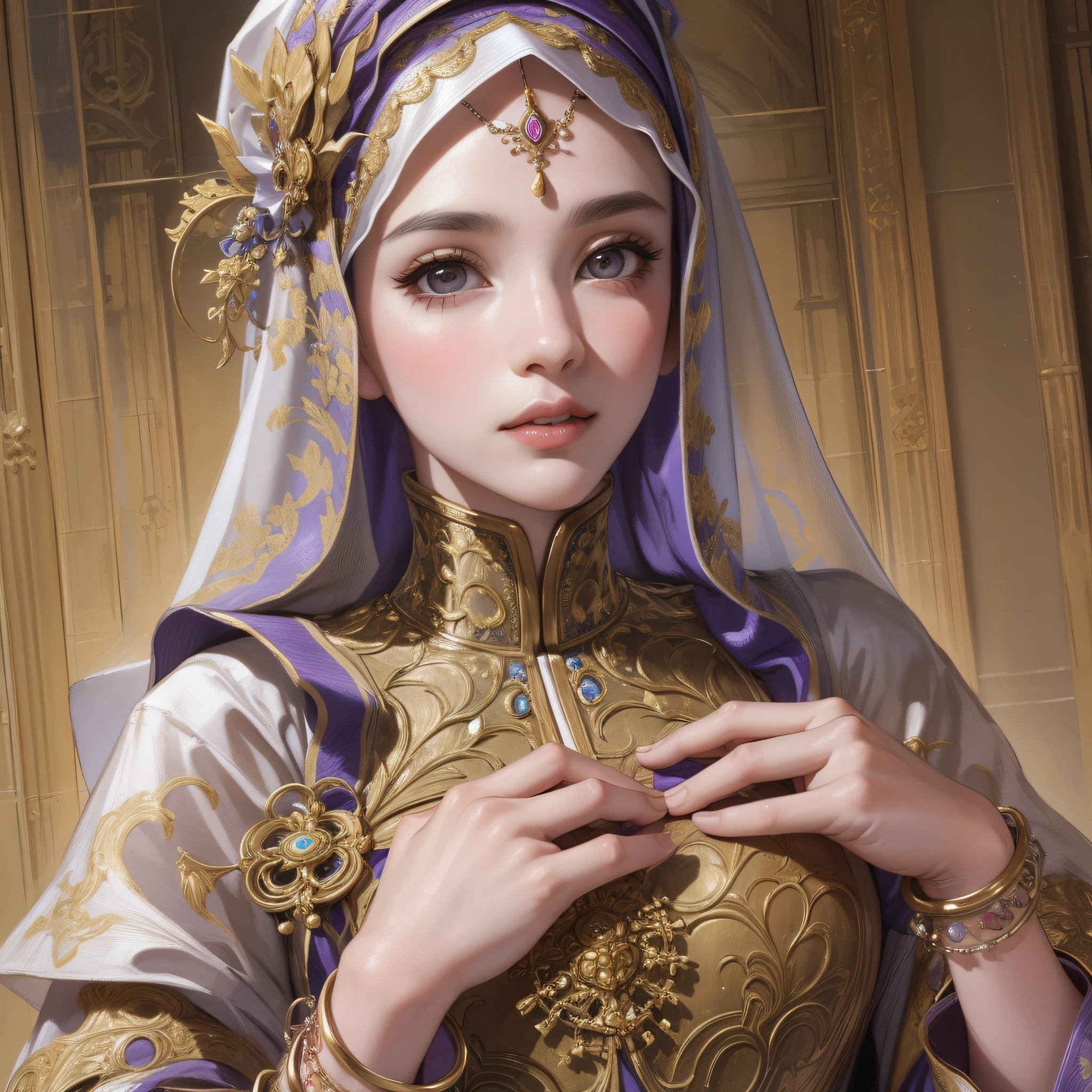 .masterpiece:1.2, best quality), realistic, (real picture, intricate details, depth of field), (1girl, solo), make up, parted lips, highly-detailed, perfect face, (skindentation), glossy coral lips, (A girl wearing Islamic clothes), blushing, Raiden Ei (Raiden shougn) from genshin impact,high-detailed hands, hijab wearing