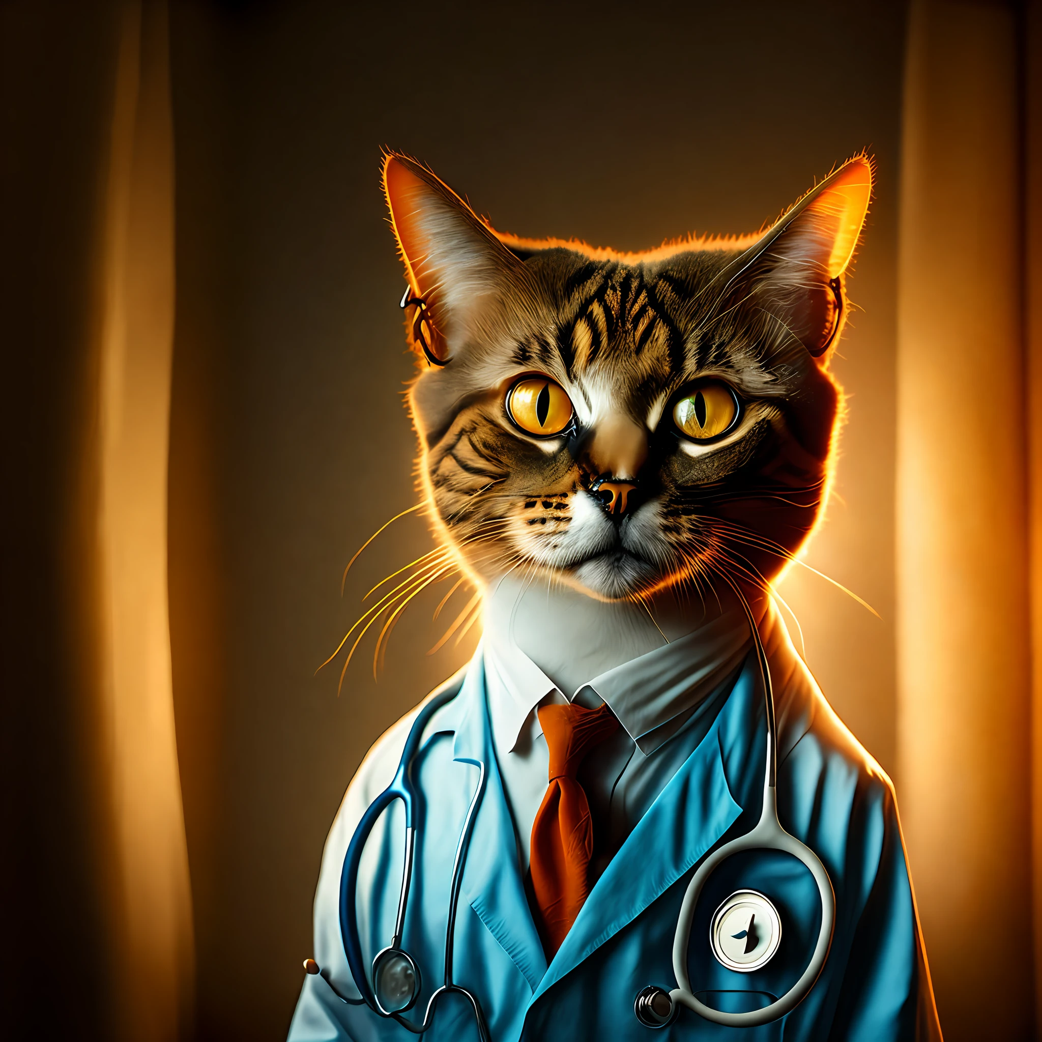 Award-winning portrait of a cat dressed as a doctor, backlit