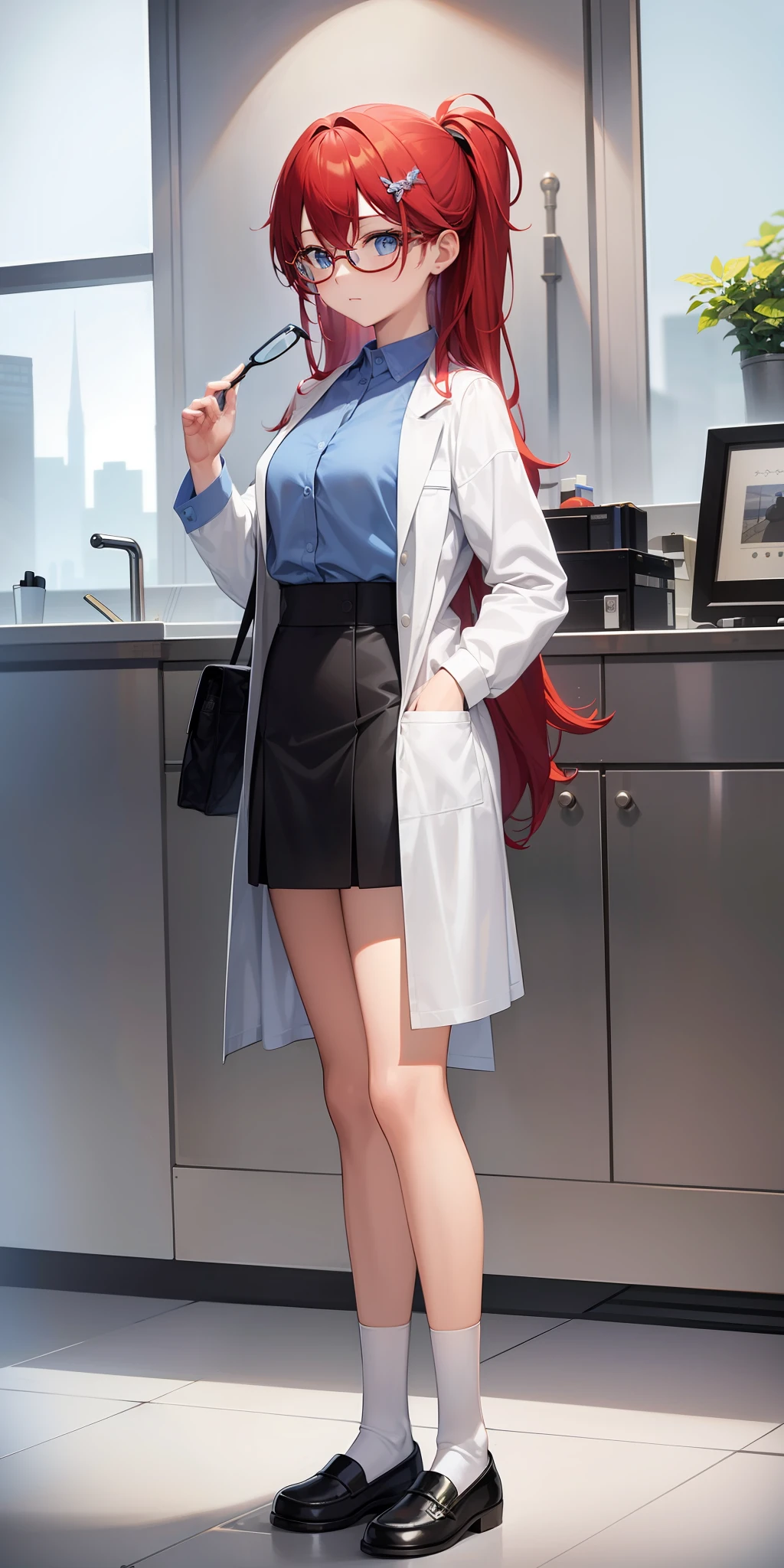 ((masterpiece, best quality)),(complex lighting), solo, full body, 1girl, Susan test, labcoat, blue eyes, glasses, red hair, long hair,pastel blue shirt, yellow star-shaped hair clip,white socks, black skirt, Mary Jane shoes, square glasses