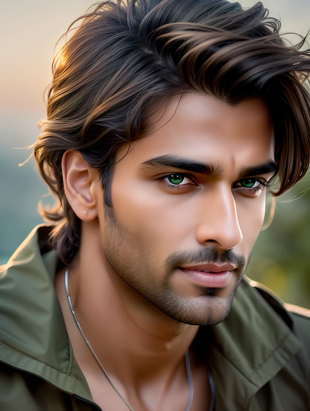 Cinematic soft lighting illuminates a stunningly detailed and ultra-realistic handsome Indian male supermodel, beach look, military short messy windy light brown hair, clear green eyes, captivating perfect smile, sensual, hot man, insanely handsome, that is trending on ArtStation. Octane is the perfect tool to capture the softest details of this 16k photography masterpiece.