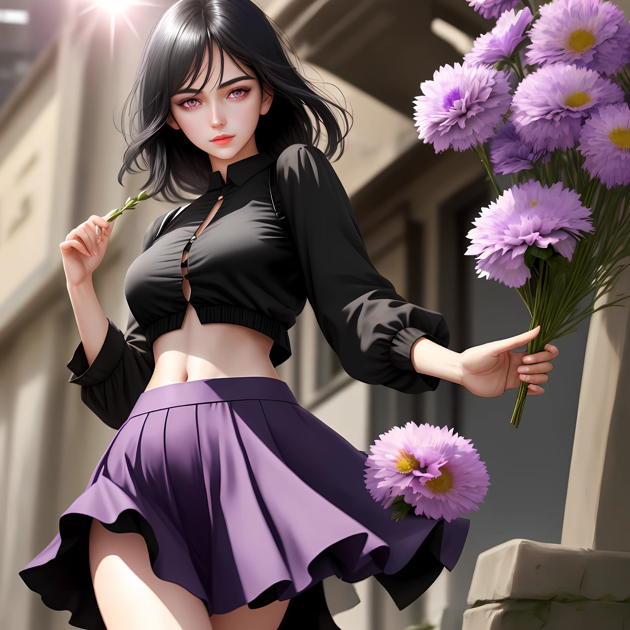 realistic, 1girl, black hair, purple eyes, bright eyes, cropped top, skirt, lips half-open, blush, night, flowers, sun, sunlight, black