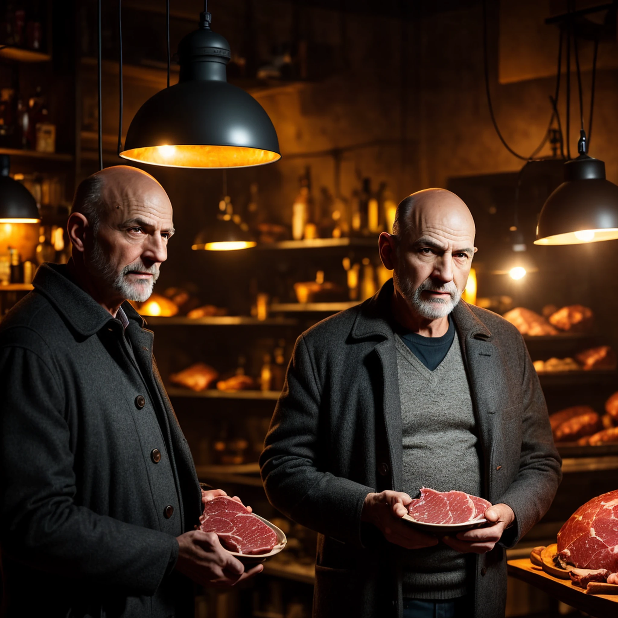Thin 60-year-old gentleman, bald and gray hair, holding salty meat + night with light + perfectionism + award-winning realism ((ambient lighting)) (realistic, photorealistic:1.37)volumetric, complex details, UHD,(High quality: 1.3), cinematic shot, masterpiece. Character is alone looking at the camera.