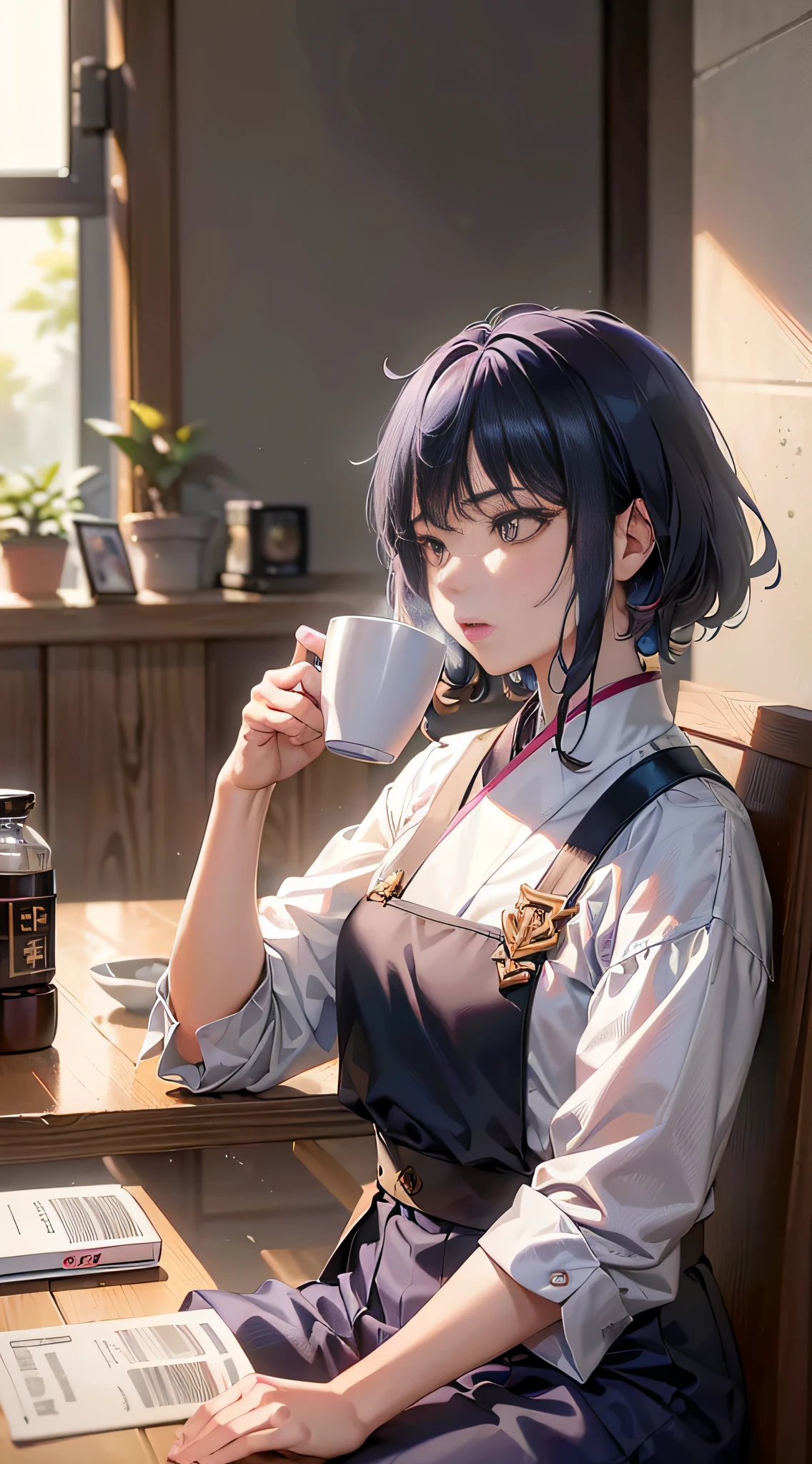 ((Tachisme, Lee Jeon-suk), (8K Selfie, Korean Girl), (Avatar, Profile Photo, Asian Young Woman), (Tumblr, Chen Xintong, Liu Chengyou, Wu Xisen, Choi Hyun-hwa), (Taken in early 2020)), Woman, drinking coffee, sitting at the table.