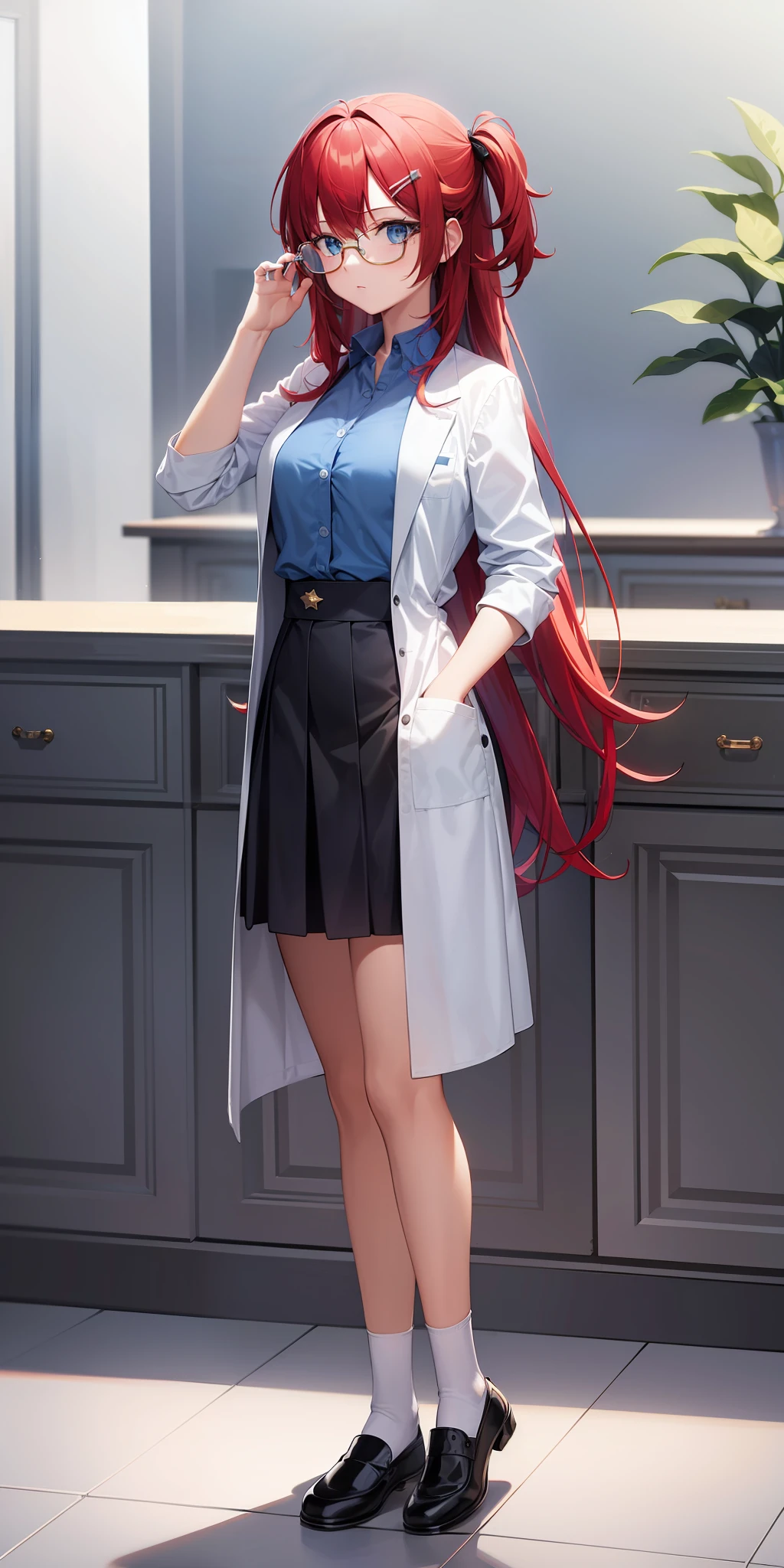 ((masterpiece, best quality)),(complex lighting), solo, full body, 1girl, Susan test, labcoat, blue eyes, glasses, red hair, long hair,pastel blue shirt, yellow star-shaped hair clip,white socks, black skirt, Mary Jane shoes, square glasses