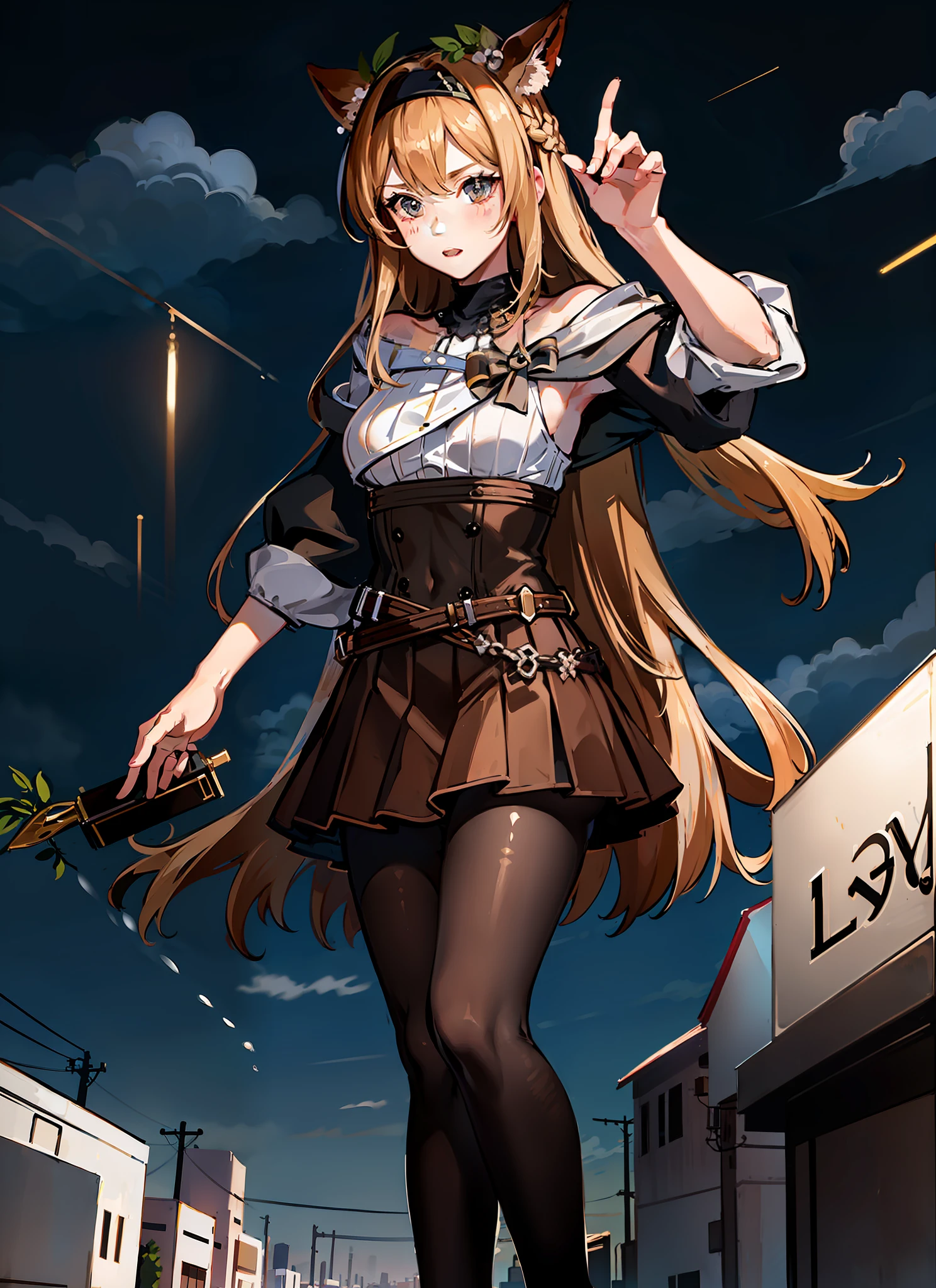 Masterpiece, best quality, detailed), Ephero Horn, 1 girl, skirt, solo, breasts, long hair, pantyhose, looking audience, room, hat, shirt, pleated skirt, bangs, black skirt, blush, off-the-shoulder, from below, white shirt, long sleeves, back arms, mini skirt, ass, jacket, shut up, very long hair, brown pantyhose, berets, open clothes, black jacket, city, giantess