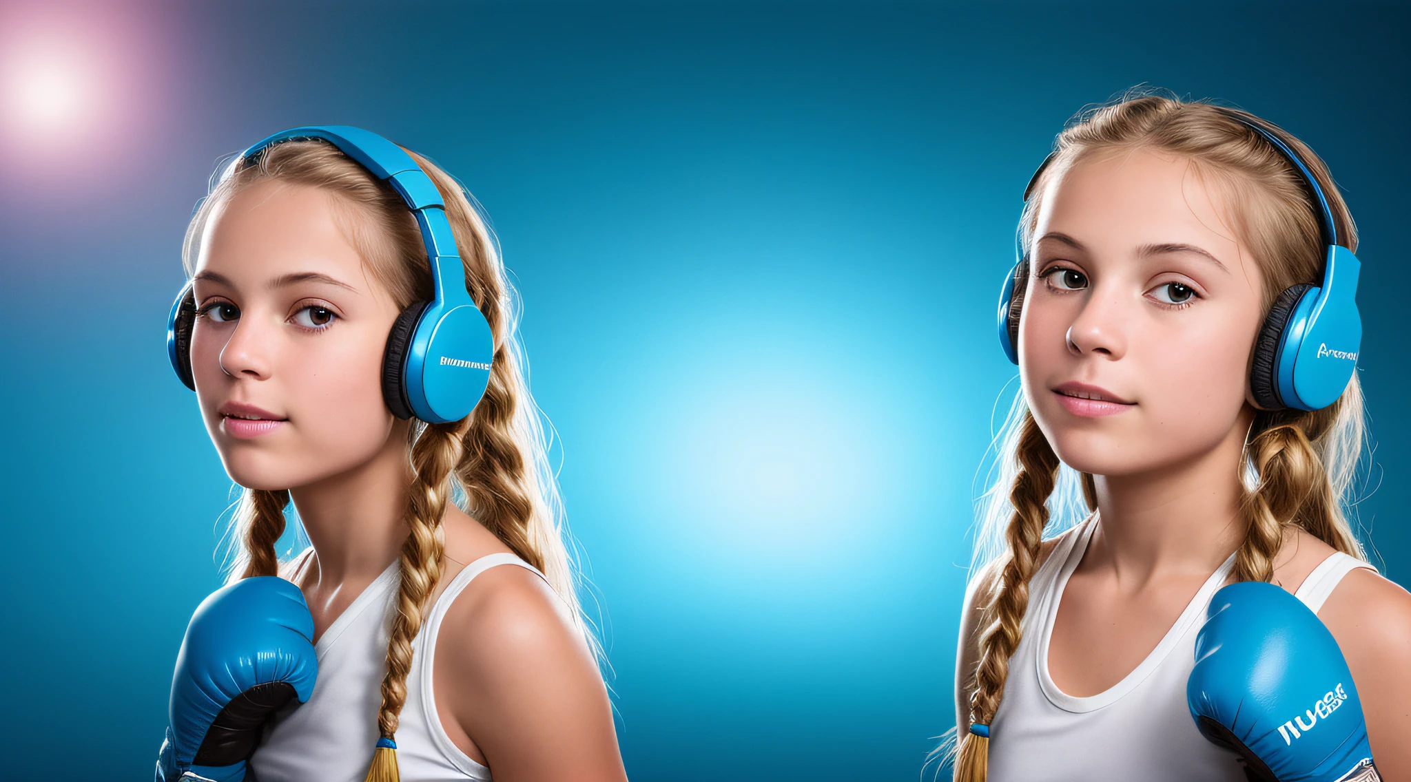 close-up of a hyper-detailed portrait of a BLONDE CHILD WITH HAIR IN BRAIDS beautiful, perfect body, teal background, WITH BOXING GLOVES, digital RAW color photo with extremely high details, ((using wireless headphones)), HDR, 8k resolution, smooth, (blur): 1.7, (warm and soft ambient light):1.8, atmosphere, realistic, (volumetric mist):1.6, depth of field, side lighting, photographed on a Kodak box camera