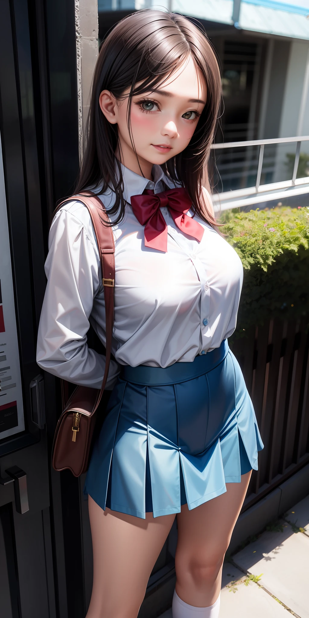 realistic, 1girl, ,naughty face, milf wearing SMA costum , Indonesian high school,white shirt with open top button, short navy blue skirt