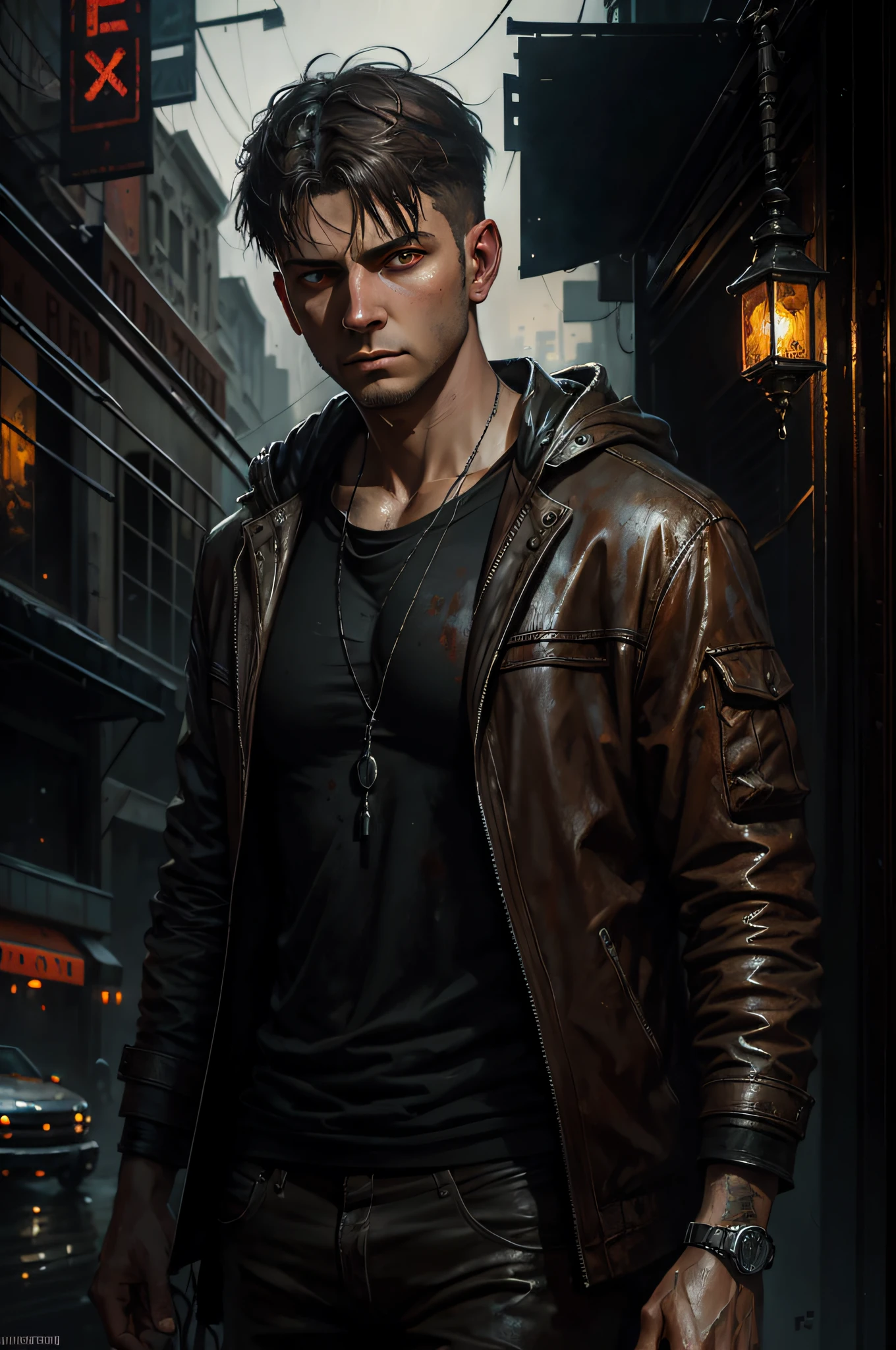 Jeremy Mann, realistic, male, (color), post-production, intricate, (radiosity), dark red eyes, (highest quality), neon city background, gloomy, depressed, dim, A close-up of a somewhat vicissitudes of a male with a deep expression, deep eyes, serious, fireflies, oil painting style, digital art oil painting, Steve Henderson style, digital expressive oil painting, inspired by Richard Schmid, stunning digital paint, oil painting style, digital oil painting, Henry Asensio, WLOP painting style, Pinault Dyney style, Pinault Dyney style