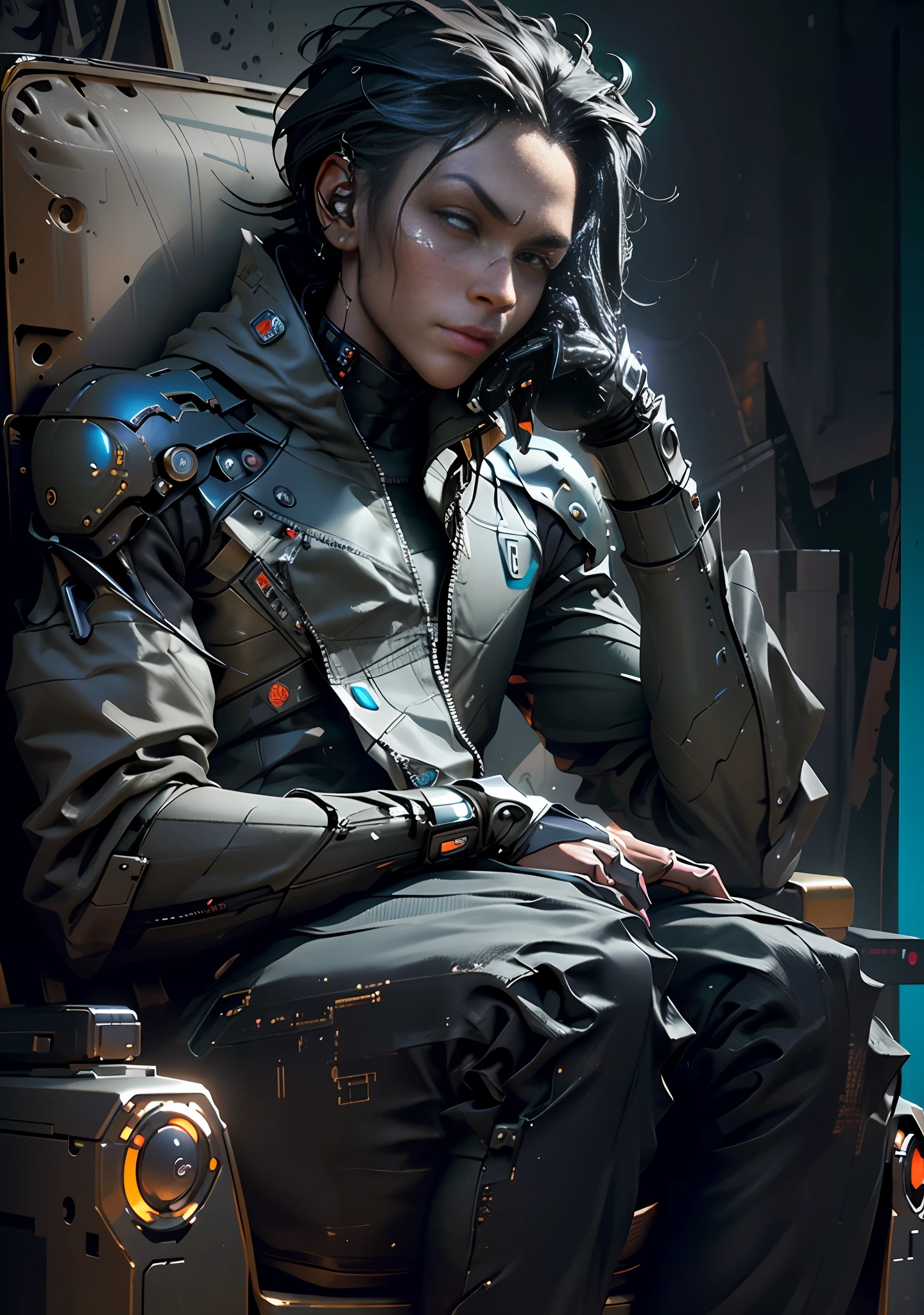 black robot android, in the form of a human, sitting in an armchair, interior, concept art, 8k, detailed limbs, cinematic lighting, hyperrealism, portrait, digital art, full frame, 5D, sci-fi, detailed facial and eye textures, smooth textures and 3D quality, 4D cinematic rendering, cinematic lighting, rich 3D visualization,