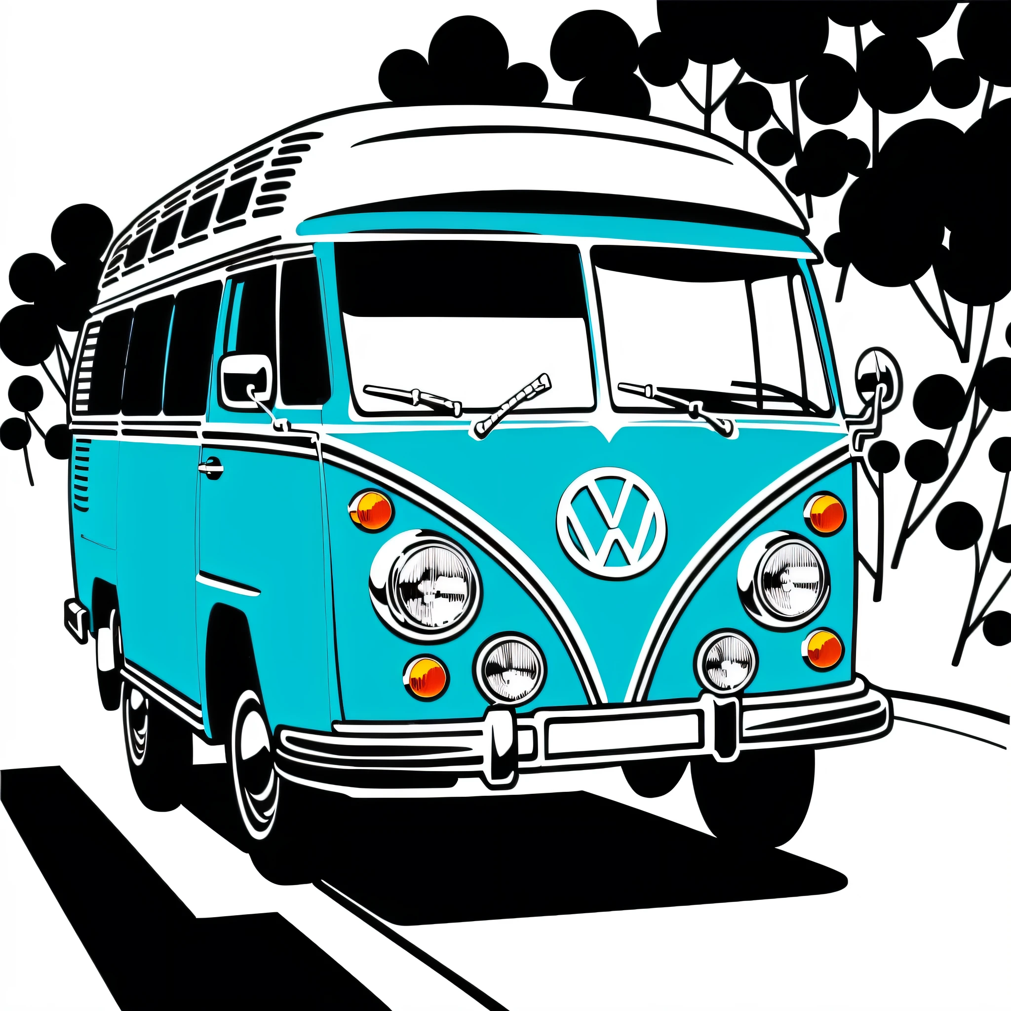 ((high quality)), ((masterpiece)), 8k, a closeup of a van, detailed drawing of clean paint line, kombi, retro line art, vw minibus driving, black and white vector art, minibus, line art coloring page, vector line art, vehicle illustration, black line art on white, black ink line art, Vector ink drawing, perfect pen and ink line art, colorful, blue kombi