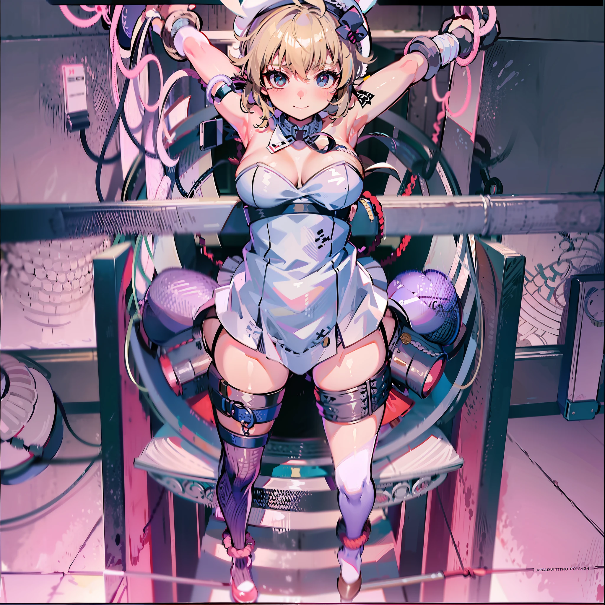 toga tied to a chair in a basement, blonde hair, restraint, bdsm, restrained legs, restrained arms, bound, bound to chair, rope, tied with ropes, medium breasts, smile, beautiful body, beautiful face, ultra detailed, highest quality, loose clothes, tied to chair with ropes, restrained body, unable to move, bondage ropes, sailor clothes, pervert, white panties, more ropes, (iwanagakotoko:0.9),(beret:1.8), embarrassed, iwanaga kotoko, cute face, female, beautiful, short hair, pervert, tied up, bondage ropes, hardcore bondage restraint, machine bondage, milking breasts, ultra high quality, 8k