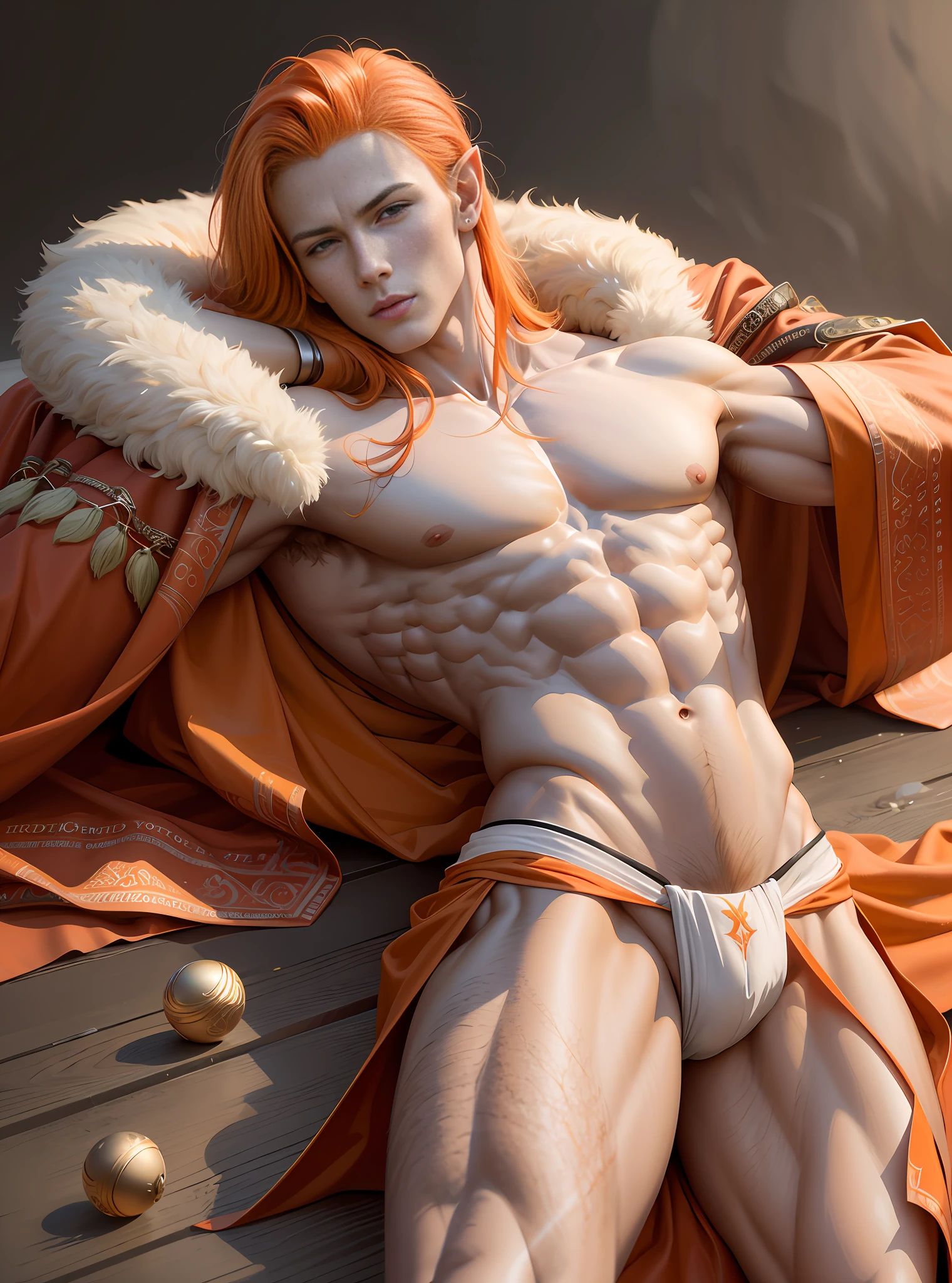 (hyper-realistic digital illustration), (perfect face:1.1), (high detail:1.1) one extremely handsome male elf wearing micro orange g-string, mage long red robes, clean shaved, front view, lying on his back, holding legs raised, athletic body, (pale skin), bare chest, flat chest,(long orange hair scruffy ), serene expression, small waist, muscular. best quality, high-resolution