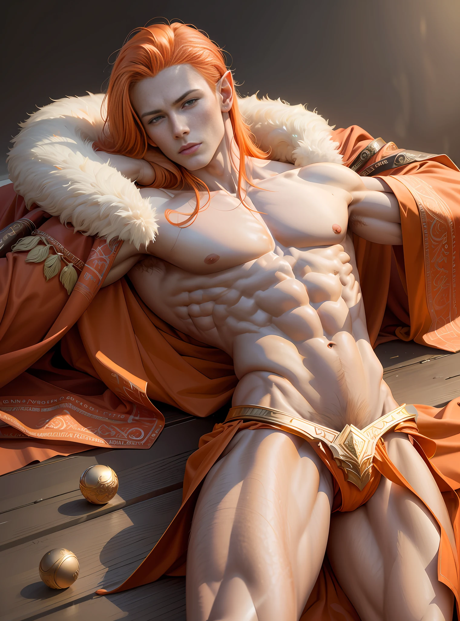 (hyper-realistic digital illustration), (perfect face:1.1), (high detail:1.1) one extremely handsome male elf wearing micro orange g-string, mage long red robes, clean shaved, front view, lying on his back, holding legs raised, athletic body, (pale skin), bare chest, flat chest,(long orange hair scruffy ), serene expression, small waist, muscular. best quality, high-resolution