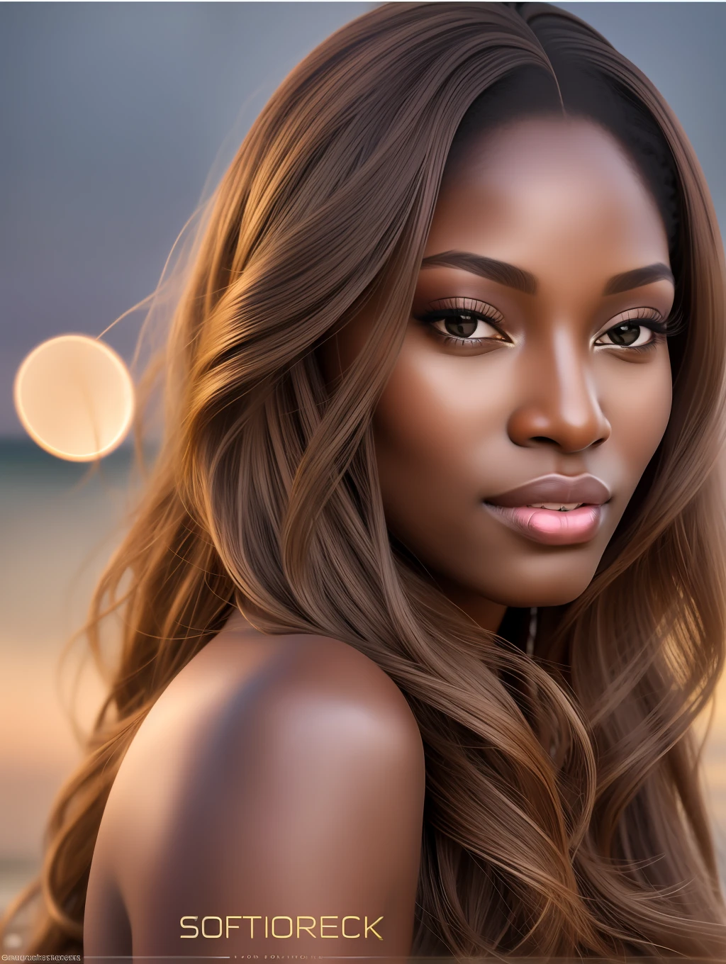 Cinematic soft lighting illuminates a stunningly detailed and ultra-realistic beautiful Nigerian supermodel, beach look, long messy windy brown hair, clear honey eyes, captivating perfect smile, sensual, hot woman, gorgeous, that is trending on ArtStation. Octane is the perfect tool to capture the softest details of this 16k photography masterpiece.