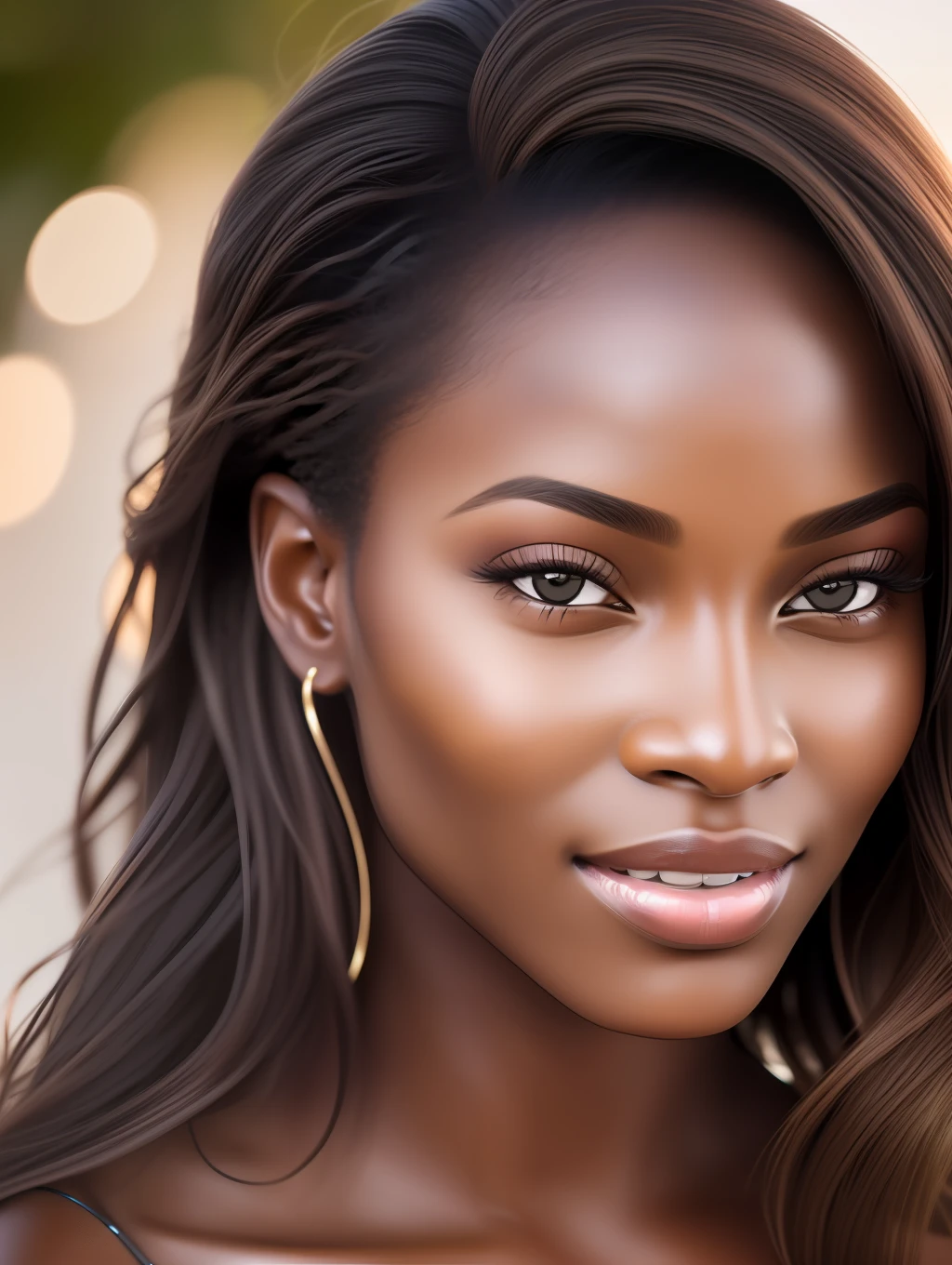 Cinematic soft lighting illuminates a stunningly detailed and ultra-realistic beautiful Nigerian supermodel, beach look, long messy windy brown hair, clear honey eyes, captivating perfect smile, sensual, hot woman, gorgeous, that is trending on ArtStation. Octane is the perfect tool to capture the softest details of this 16k photography masterpiece.