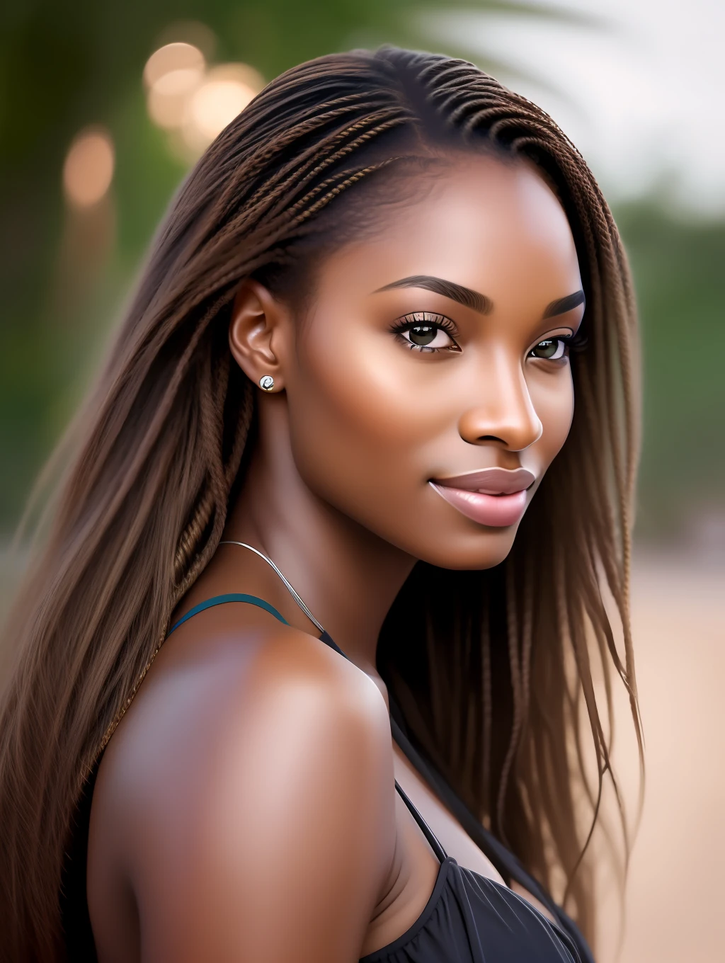 Cinematic soft lighting illuminates a stunningly detailed and ultra-realistic beautiful Nigerian supermodel, beach look, long messy windy brown hair, clear honey eyes, captivating perfect smile, sensual, hot woman, gorgeous, that is trending on ArtStation. Octane is the perfect tool to capture the softest details of this 16k photography masterpiece.