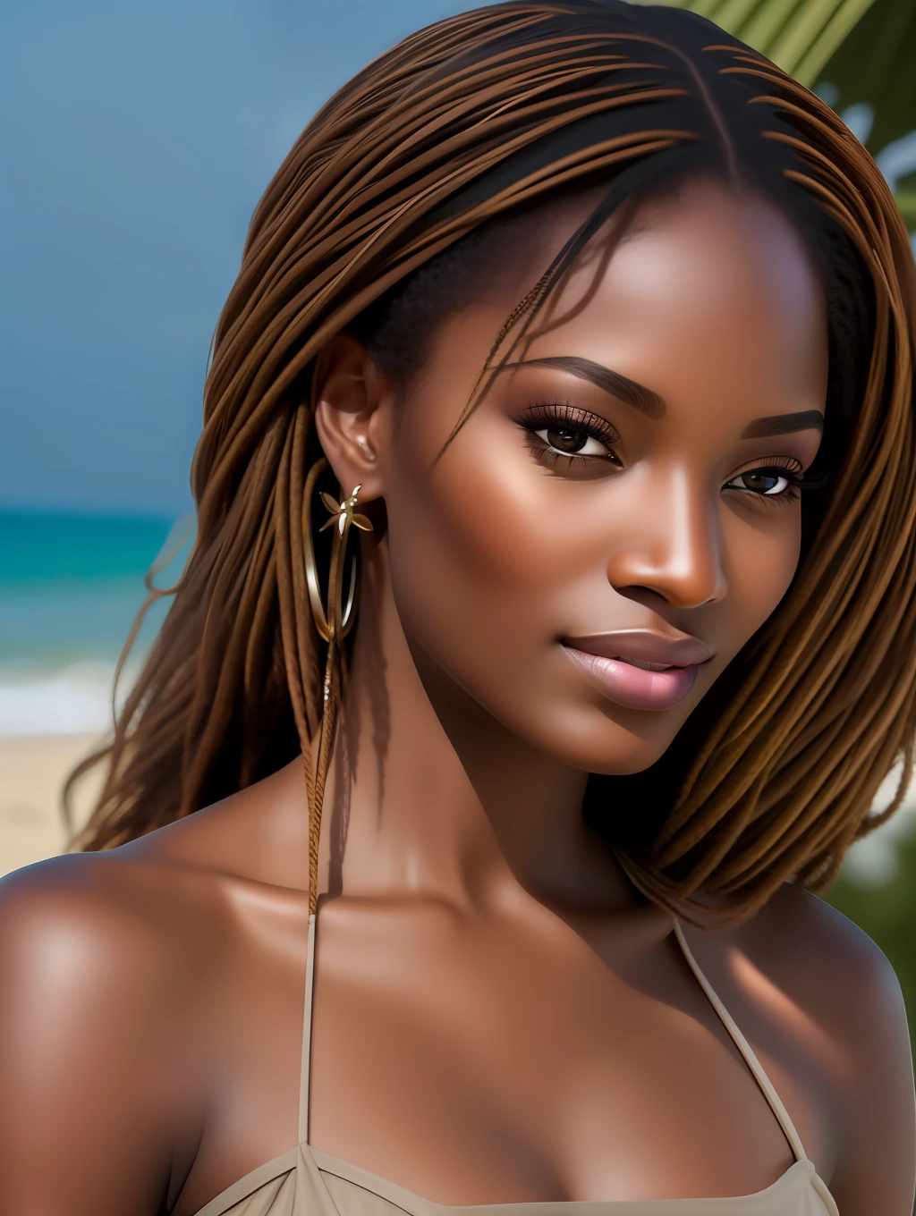 Cinematic soft lighting illuminates a stunningly detailed and ultra-realistic beautiful Nigerian supermodel, beach look, long messy windy brown hair, clear honey eyes, captivating perfect smile, sensual, hot woman, gorgeous, that is trending on ArtStation. Octane is the perfect tool to capture the softest details of this 16k photography masterpiece.