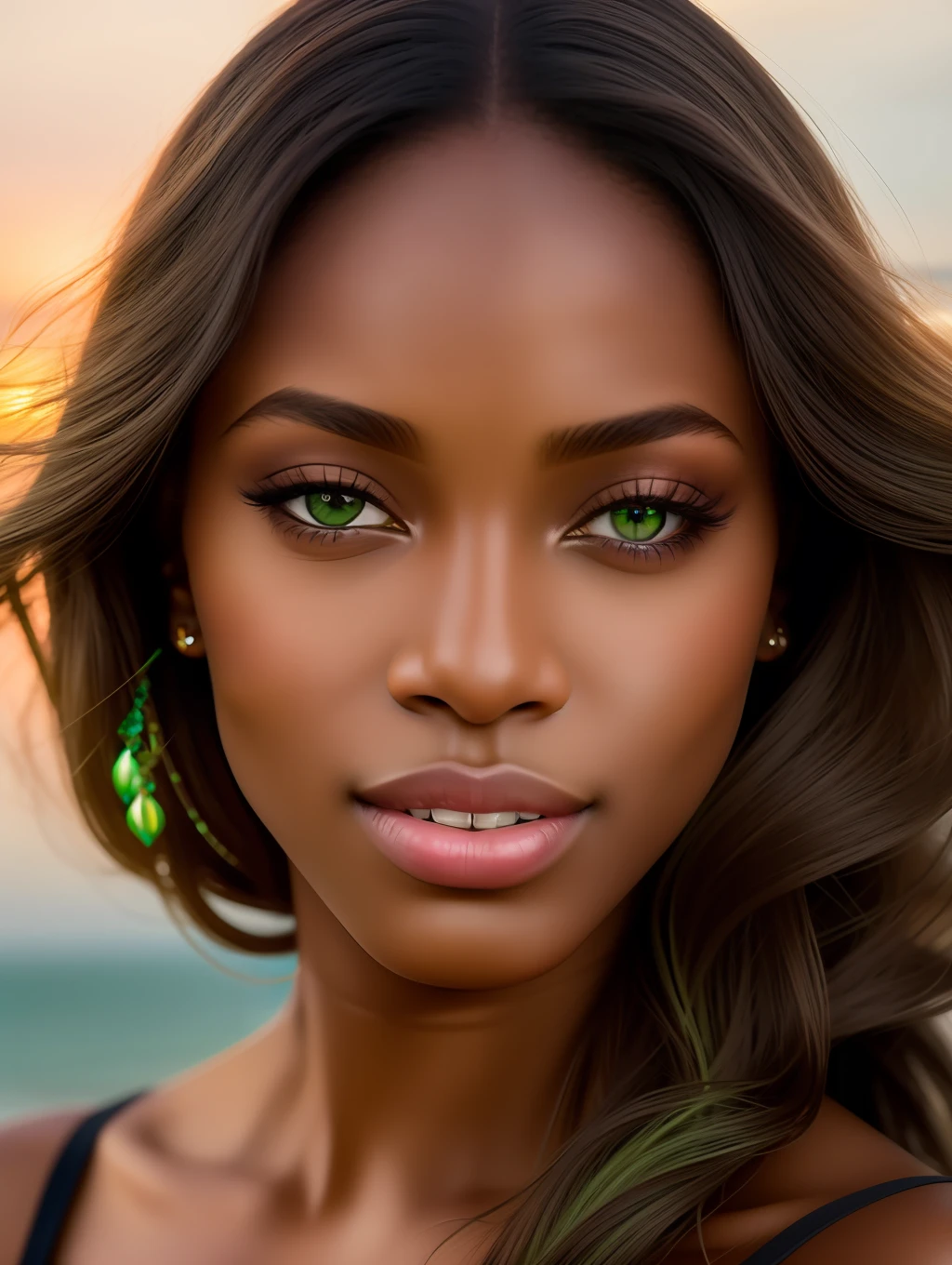 Cinematic soft lighting illuminates a stunningly detailed and ultra-realistic beautiful Nigerian supermodel, beach look, long messy windy brown hair, clear green eyes, captivating perfect smile, sensual, hot woman, gorgeous, that is trending on ArtStation. Octane is the perfect tool to capture the softest details of this 16k photography masterpiece.