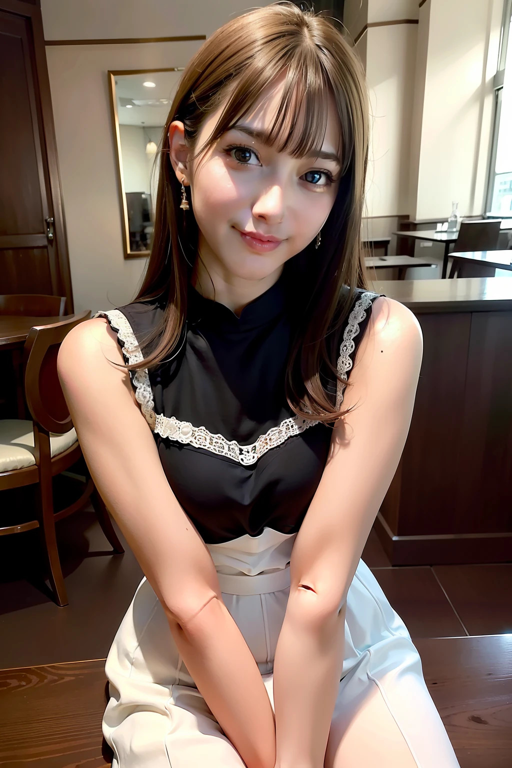 best quality, masterpiece, ultra high res, 8K, raw, (photo realistic:1.4), professional lighting, sharp focus, 1 girl, (detailed background:1.5), at the cafe, full body, slender, sit on a chair, cute, 24yo, smile, tiny breasts, detailed clothes, embroidery dress, mock neck