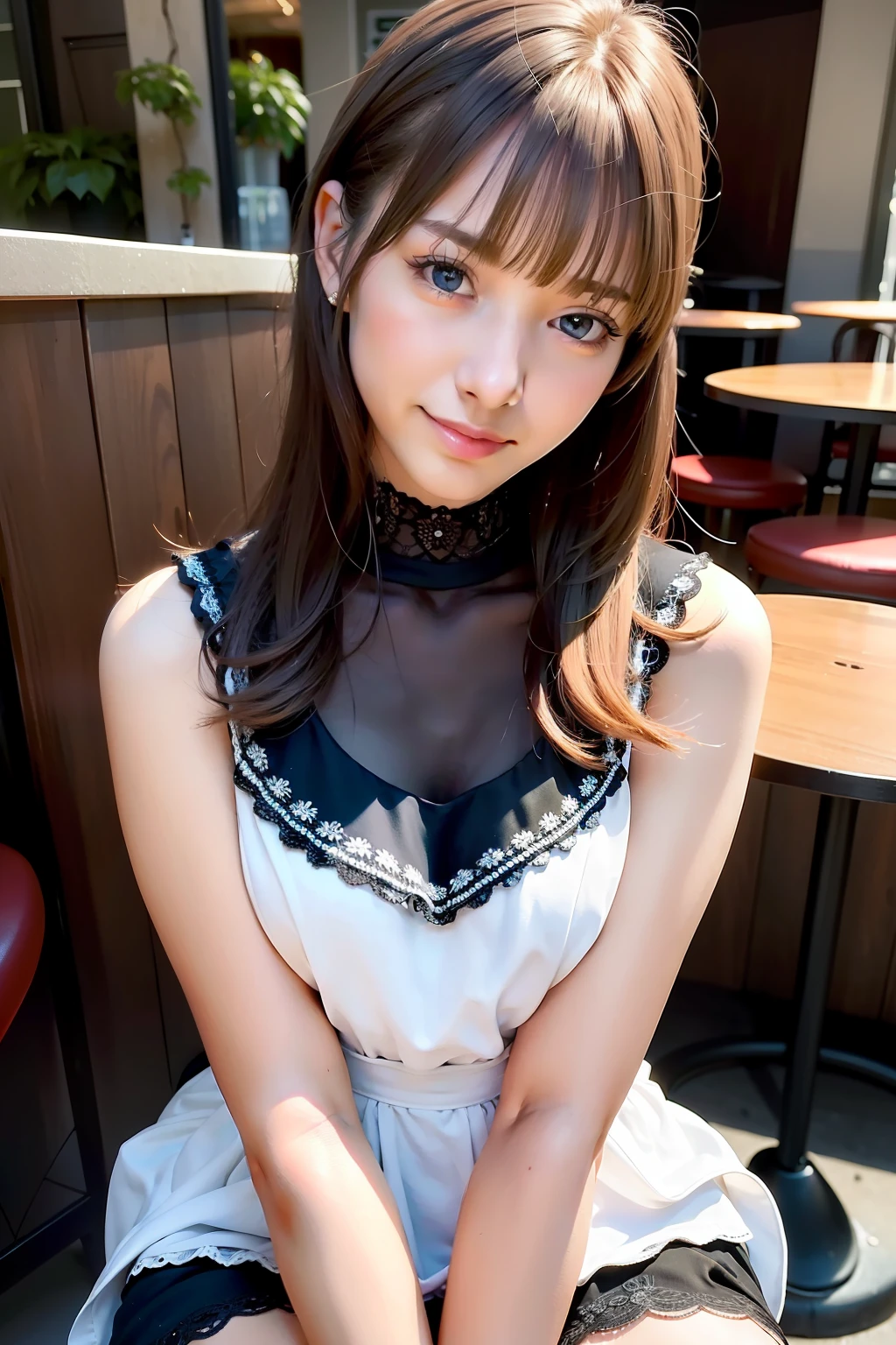 best quality, masterpiece, ultra high res, 8K, raw, (photo realistic:1.4), professional lighting, sharp focus, 1 girl, (detailed background:1.5), at the cafe, full body, slender, sit on a chair, cute, 24yo, smile, tiny breasts, detailed clothes, embroidery dress, mock neck