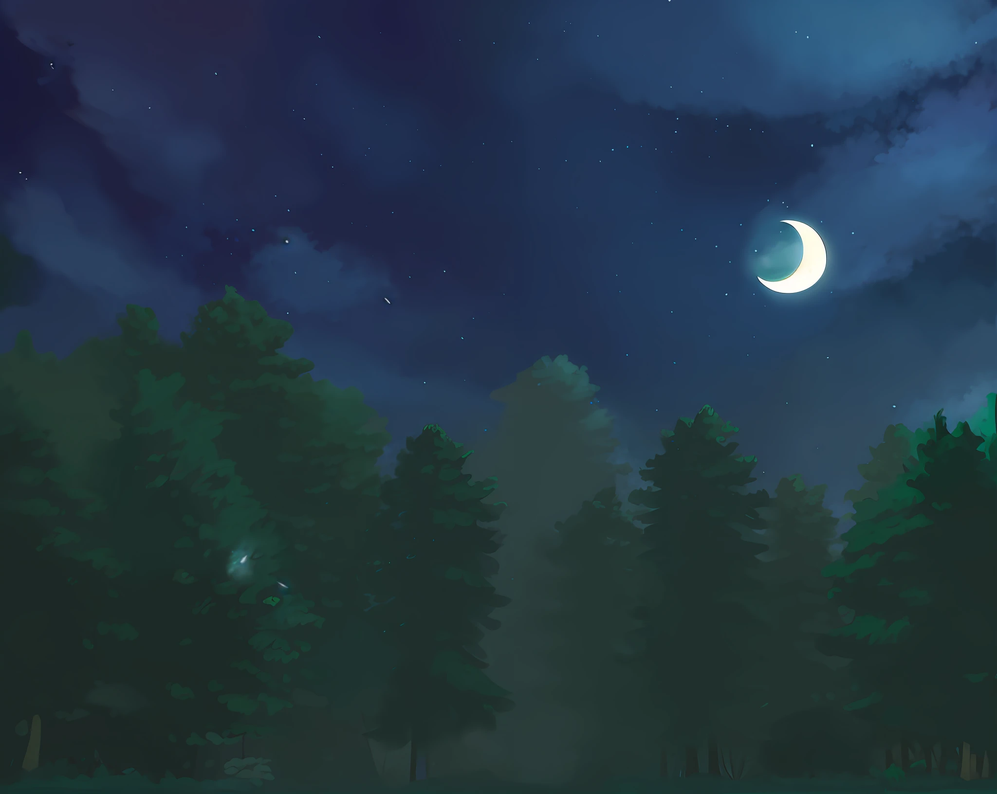 nighttime scene of a crescent and a tree with a full moon, calm night. digital illustration, forest and moon, night background, moonlit starry sky environment, quiet forest night scene, night forest background, night forest, moonlit forest environment, background artwork, moonlit forest, background art, night in the forest, nighttime moonlit, night scenery, anime background art