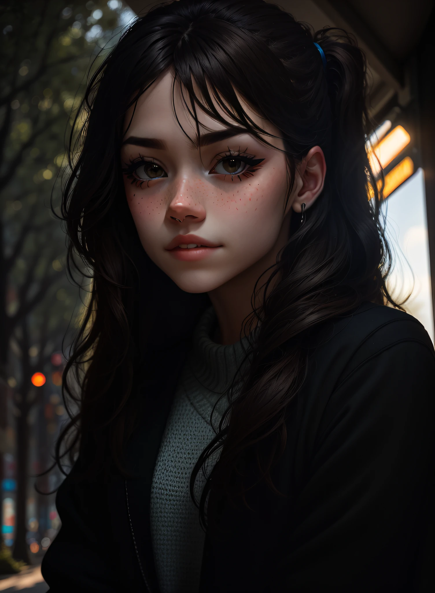 wearing (sweater), portrait, beautiful face, pretty eyes, outside, portrait, park, trees, teeth, eyes open, ward winning photo, best quality, upper body, Hannahowo, windblown black hair, by lee jeffries nikon d850 film stock photograph 4 kodak 400 camera f1.6 lens rich colors hyper realistic lifelike texture natural lighting unreal engine trending on artstation cinestill 800, (100mm lens)
