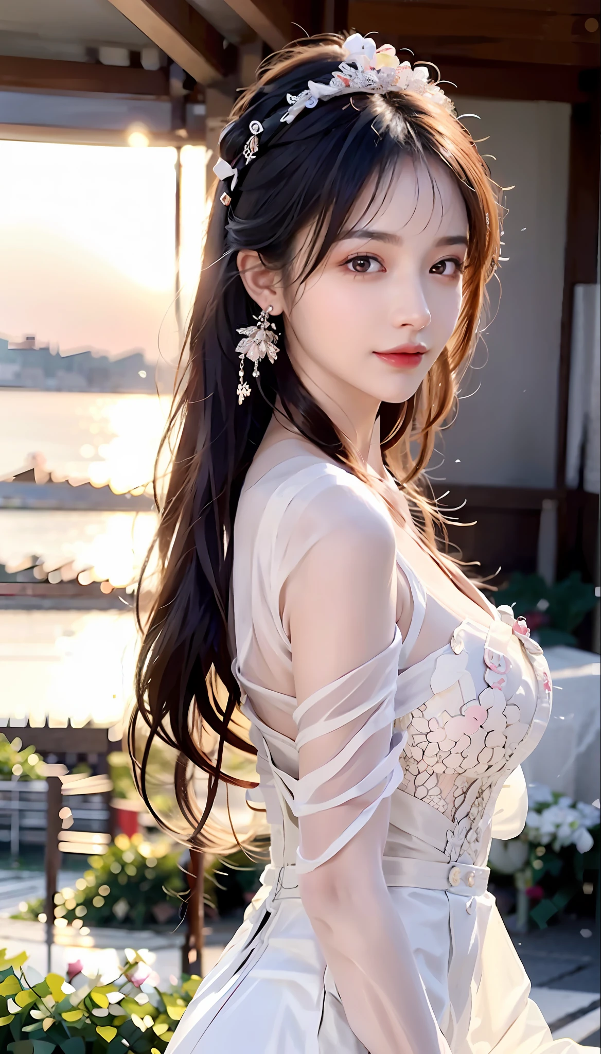 Masterpiece, best quality, (realistic, Photorealistic photorealistic: 1.37), 8k, an extremely delicate and beautiful, amazing, fine details, official art, ridiculous, incredibly ridiculous, huge file size, super detailed, extremely detailed, beautiful and meticulous girl, 1 girl, (perfect female figure), full body, middle breasts, full body shot, tulle evening dress, black short skirt, lace, plump figure, delicate makeup, red lips, diamond earrings, looking at the camera, hands on both sides of the body, long black hair, goose egg face, delicate facial features, beautiful eyes, stockings, natural light, side light, blurred background