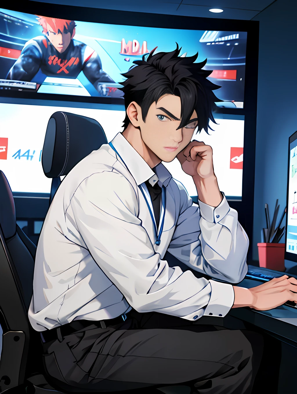 Best quality: 1.0), (Super High Resolution: 1.0), Anime boy, short black hair, blue eyes, sitting in front of computer playing games, background in esports room,