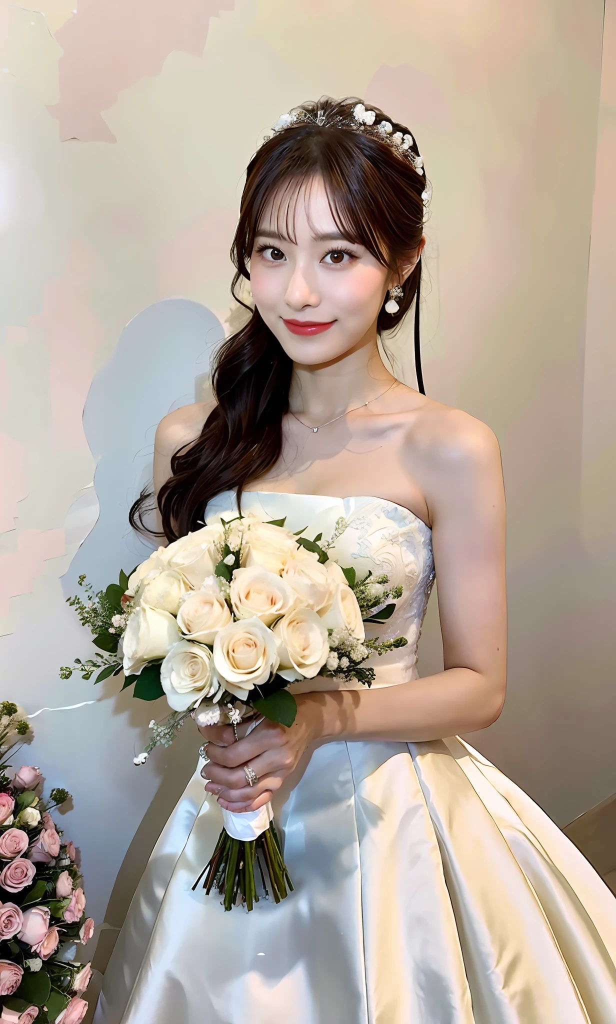 arafed woman in a wedding dress holding a bouquet of roses, lovely woman, with flowers, sakimi chan, 奈良美智, photo taken with nikon d750, photo taken with nikon d 7 5 0, cute elegant pose, taken with canon eos 5 d mark iv, beautiful asian girl, deayami kojima