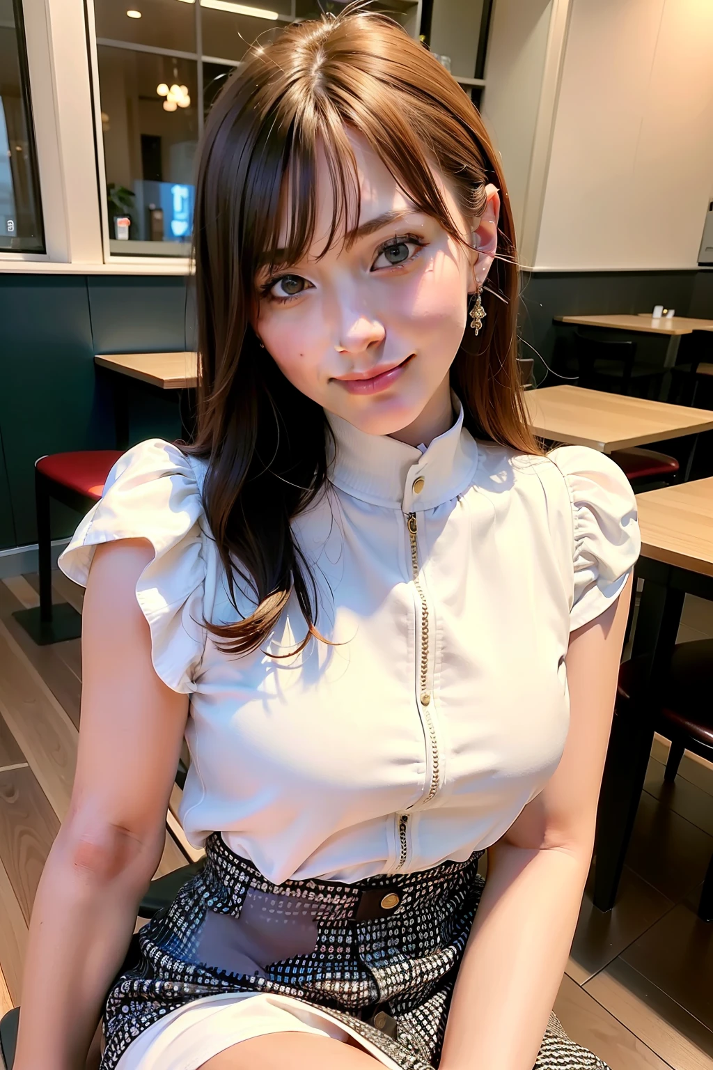 best quality, masterpiece, ultra high res, 8K, raw, (photo realistic:1.4), professional lighting, sharp focus, 1 girl, (detailed background:1.5), at the cafe, full body, slender, sit on a chair, cute, 24yo, smile, tiny breasts, detailed clothes, embroidery dress, mock neck, sheer