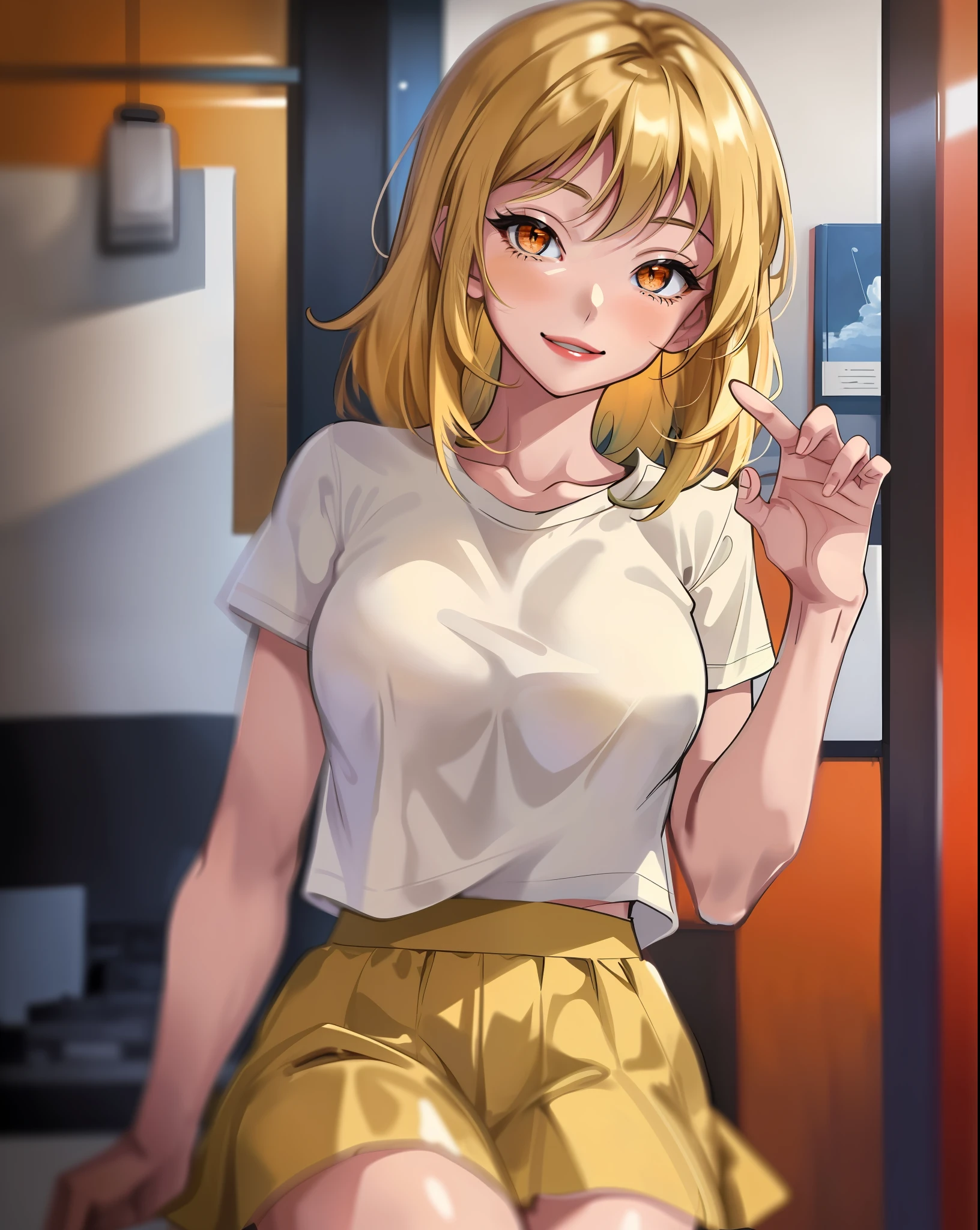 Anime girl, blonde hair,orange eyes, white tshirt, blue skirt, looking at viewer, smiling