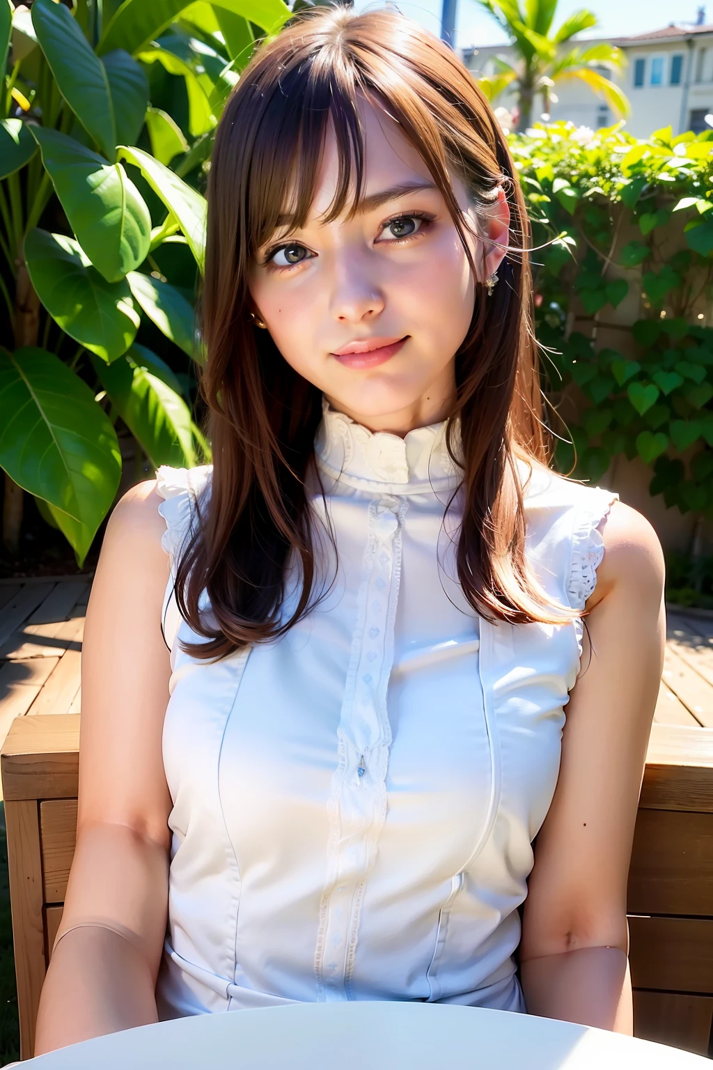 best quality, masterpiece, ultra high res, 8K, raw, (photo realistic:1.4), professional lighting, sharp focus, 1 girl, (detailed background:1.5), at the cafe, full body, slender, sit on a chair, cute, 24yo, smile, tiny breasts, detailed clothes, embroidery dress, mock neck, sheer
