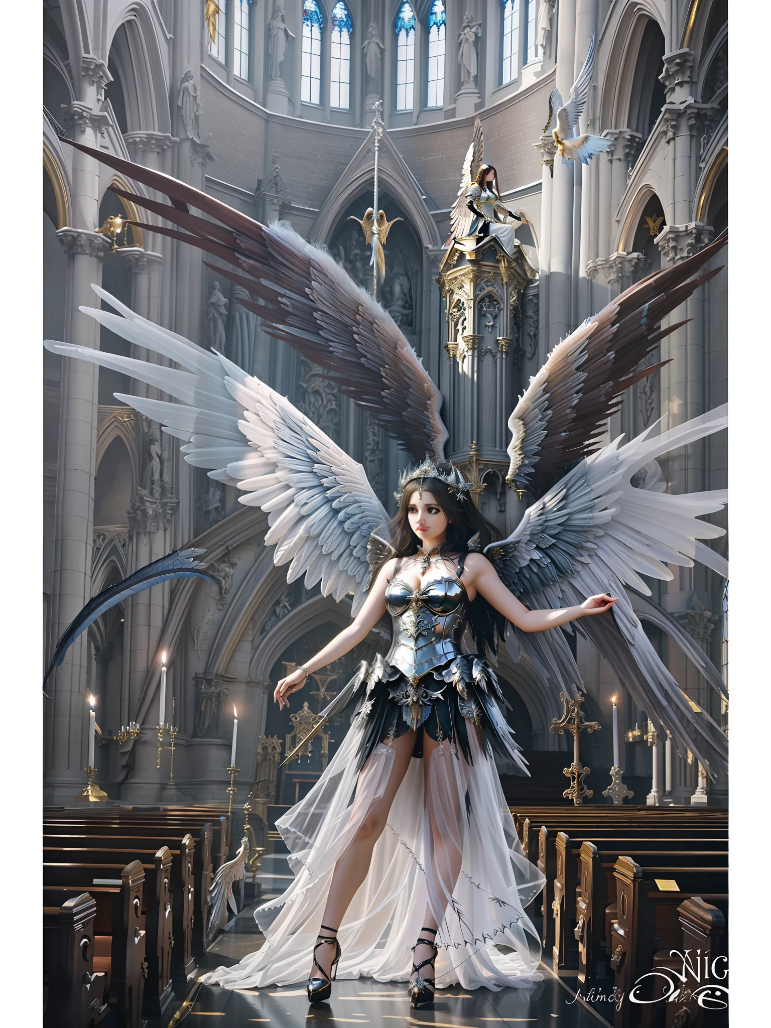a painting of a woman with wings standing in a church, full - body majestic angel, angel knight gothic girl, ethereal wings, detailed 3d gothic oil painting, portrait of the death angel, goddess of anger, epic angel wings, angel in hell, winged girl angel, big angel wings wide open, grand angel wings, tall female angel, angel in plastic armor