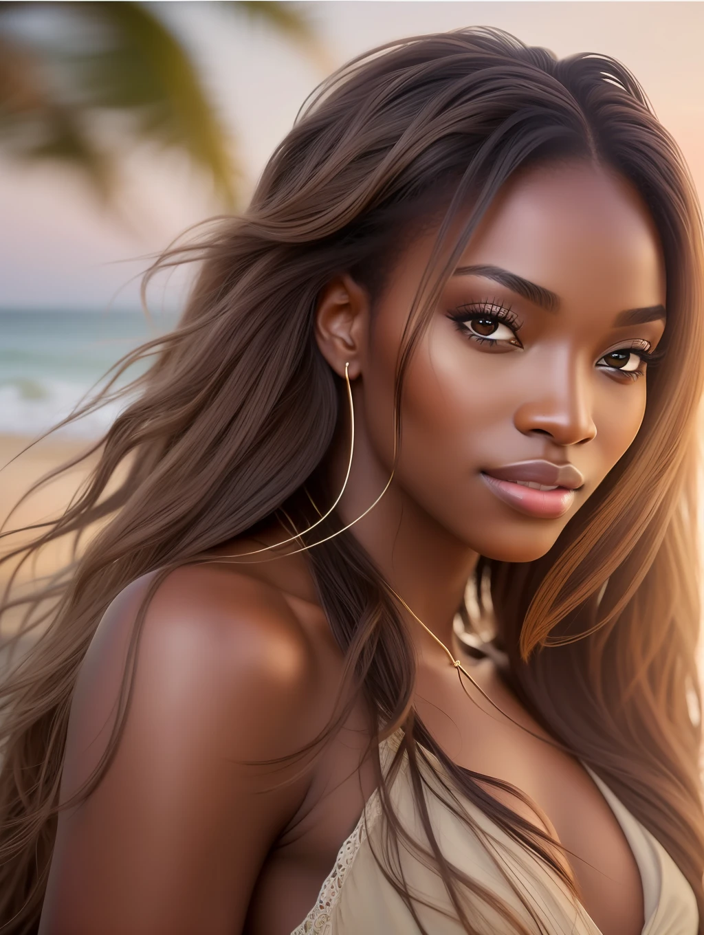 Cinematic soft lighting illuminates a stunningly detailed and ultra-realistic beautiful Nigerian supermodel, beach look, long messy windy brown hair, clear honey eyes, captivating perfect smile, sensual, hot woman, gorgeous, that is trending on ArtStation. Octane is the perfect tool to capture the softest details of this 16k photography masterpiece.