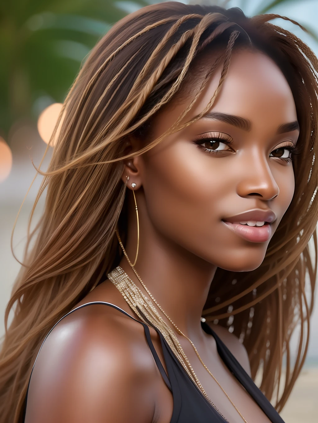 Cinematic soft lighting illuminates a stunningly detailed and ultra-realistic beautiful Nigerian supermodel, beach look, long messy windy brown hair, clear honey eyes, captivating perfect smile, sensual, hot woman, gorgeous, that is trending on ArtStation. Octane is the perfect tool to capture the softest details of this 16k photography masterpiece.