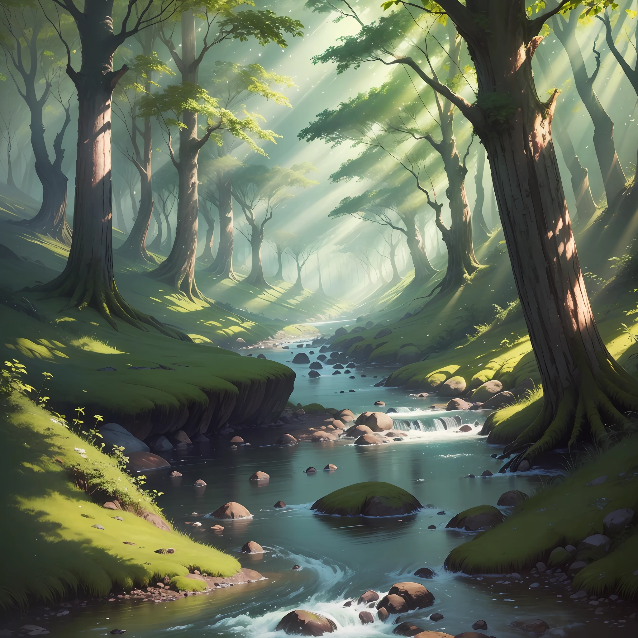 Inside a large forest, there are many large trees, there is a small river in the middle, the sun passes through the trees, and there are many small animals singing on both sides of the river --auto --s2