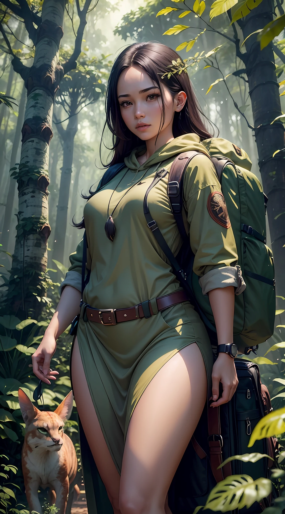 Beautiful adult woman, full-length, beautiful figure, aesthetics of the female body, savage from the islands, hunter of mysterious creatures, observing the creature, in ambush, studying the creature found, in ranger clothes, with a large backpack, detailed clothes, many pockets, many belts, everything is hung with gadgets, catches small mysterious creatures, hunts small creatures, mysterious forest, beautiful forest, nature surrounded by flowers, tender leaves and branches surrounded by fireflies (natural elements), (jungle theme), (leaves), (branches), (fireflies), (particle effects), etc.3D Octane rendering, ray tracing, super detailing