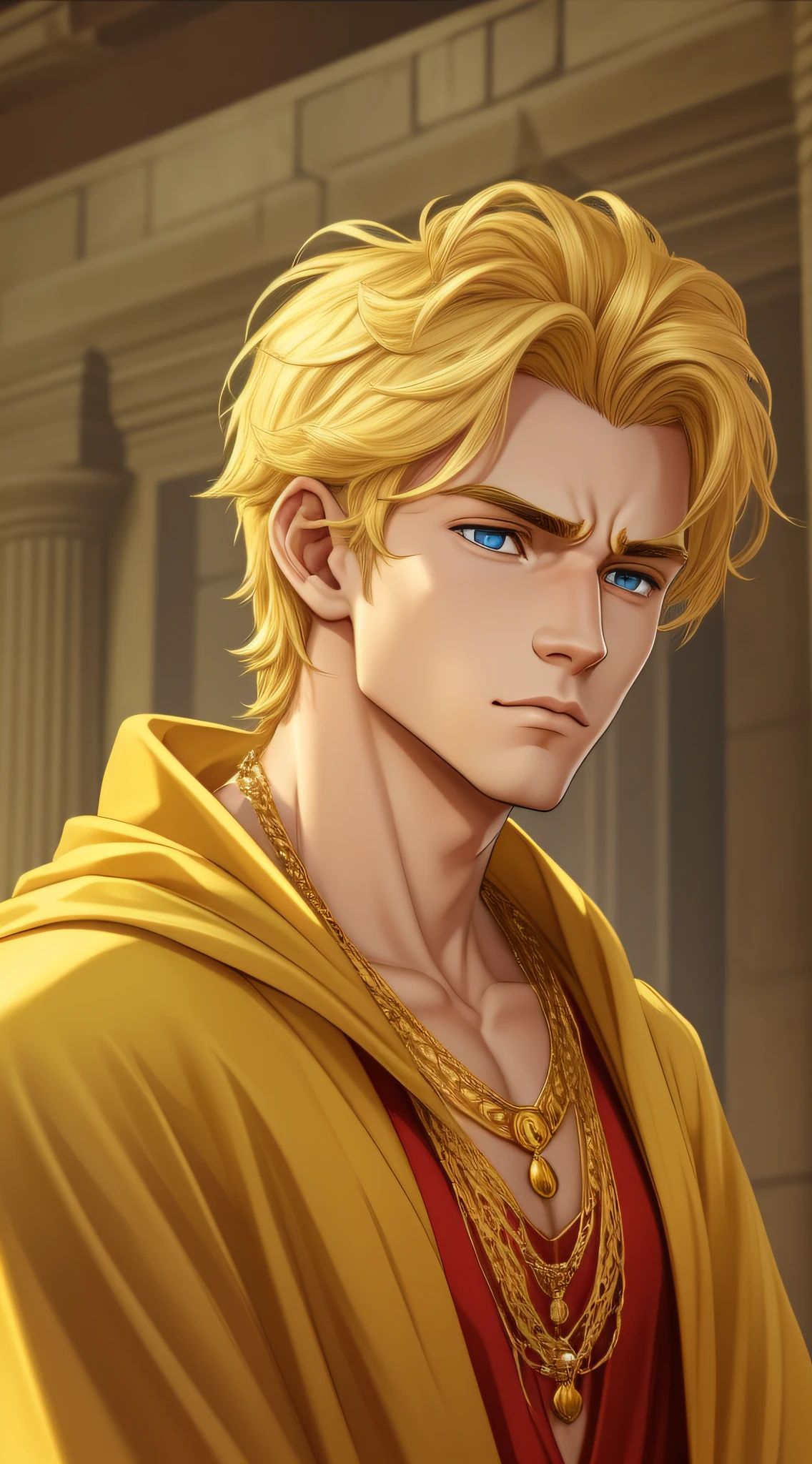 Simba: [1], the lion prince is a young man with blond hair and green eyes. He has a strong jawline and a small scar above his eyebrow. He wears a red cape and a gold necklace. [2] He has a serious expression, with a hint of sadness in his eyes.