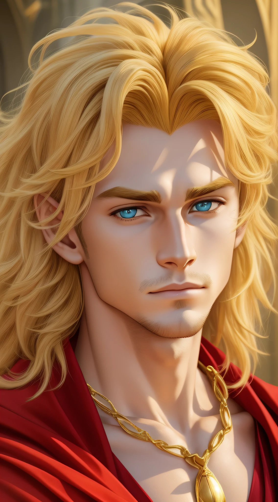 Simba: [1], the lion prince is a young man with blond hair and green eyes. He has a strong jawline and a small scar above his eyebrow. He wears a red cape and a gold necklace. [2] He has a serious expression, with a hint of sadness in his eyes.